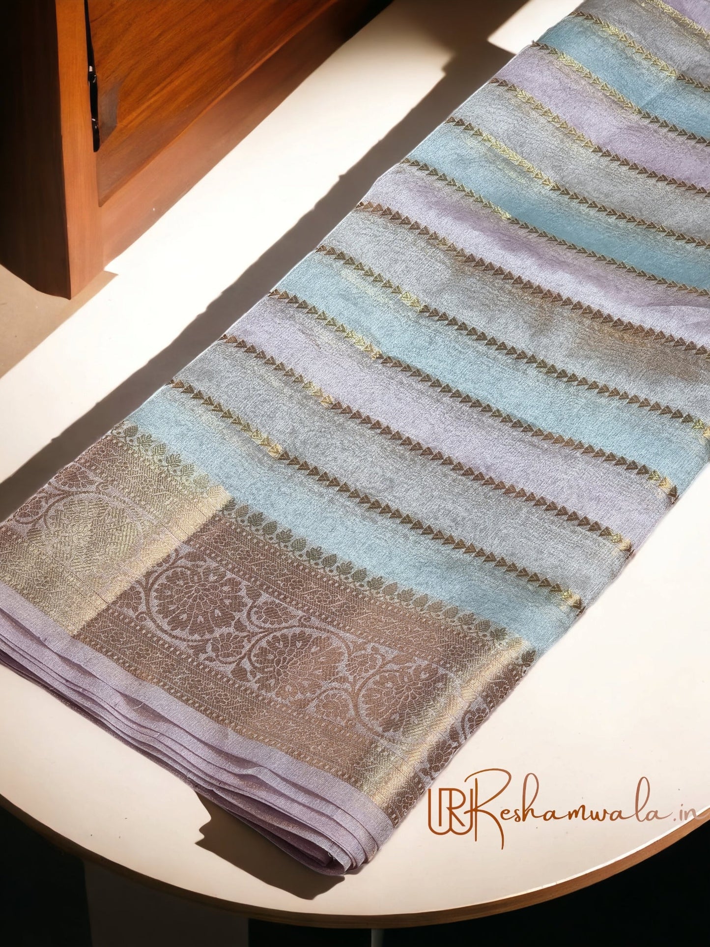 Handwoven Pure Tissue Organza Silk Banarasi Border & Stripes Saree with blouse and special tassels - Resham Wala