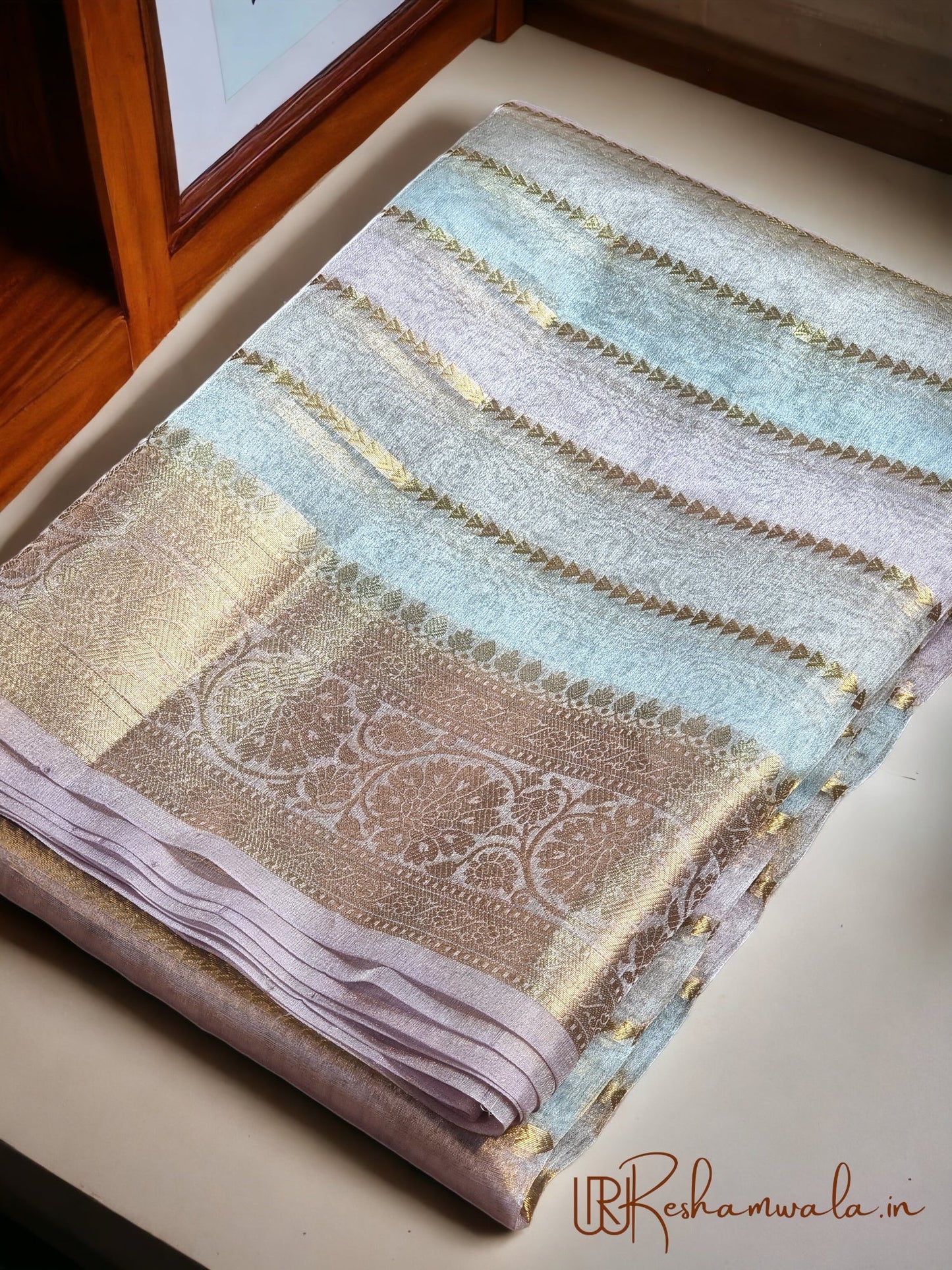 Handwoven Pure Tissue Organza Silk Banarasi Border & Stripes Saree with blouse and special tassels - Resham Wala