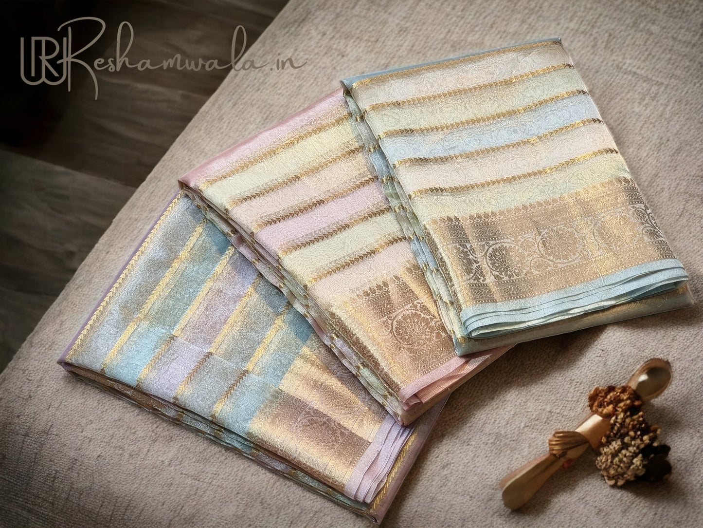 Handwoven Pure Tissue Organza Silk Banarasi Border & Stripes Saree with blouse and special tassels - Resham Wala