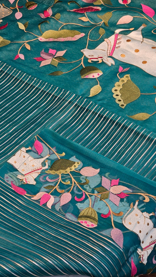 Pichwai organza stripe saree - Resham Wala