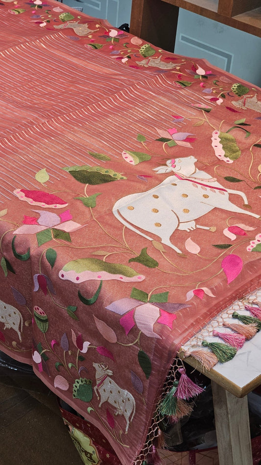 Pichwai organza stripe saree - Resham Wala