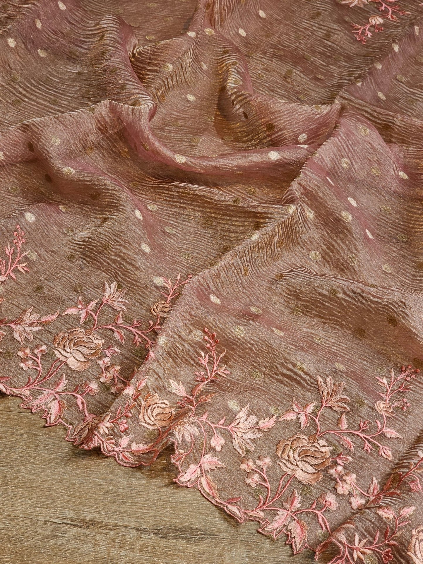 Pure Banarasi crush Tissue with zari buti and Tilfy embroidery cutwork scallop border paired with banarasi brocade blouse - Resham Wala