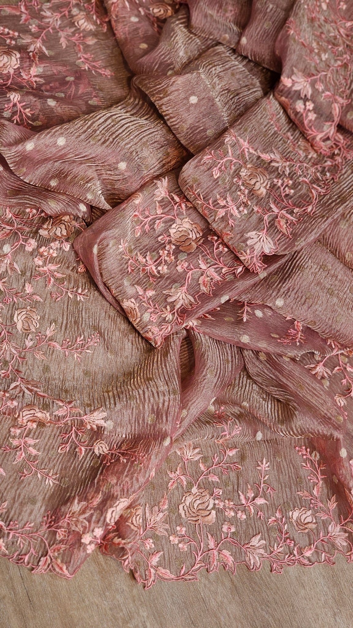 Pure Banarasi crush Tissue with zari buti and Tilfy embroidery cutwork scallop border paired with banarasi brocade blouse - Resham Wala