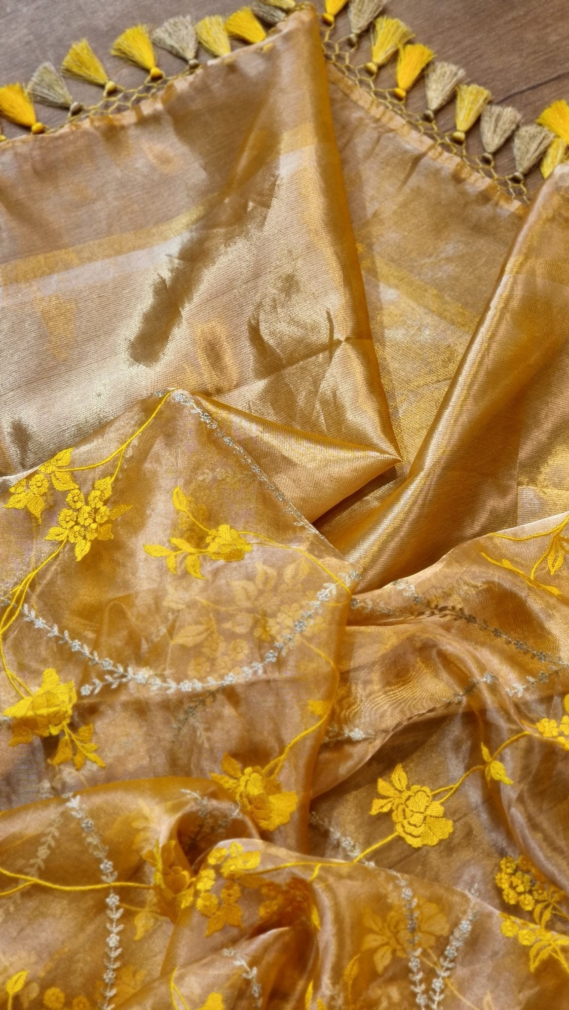 Pure metalic tissue silk katan border saree with self embroidery jaal and special tassels and running blouse - Resham Wala