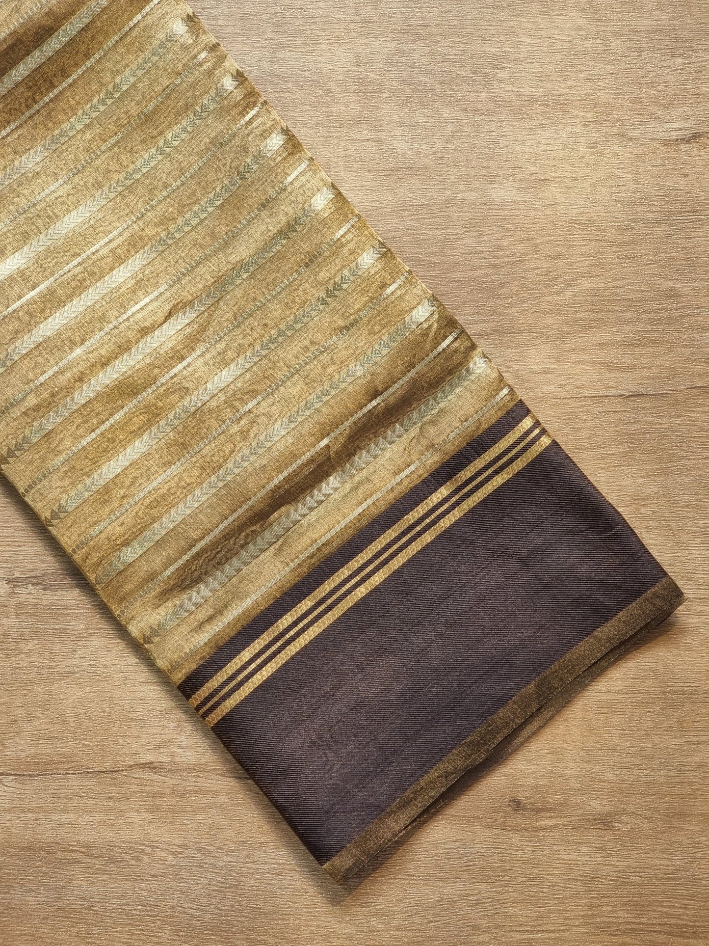 Pure Metallic Tissue Silk stripe saree with Katan silk border and special tassels with blouse sleeves - Resham Wala