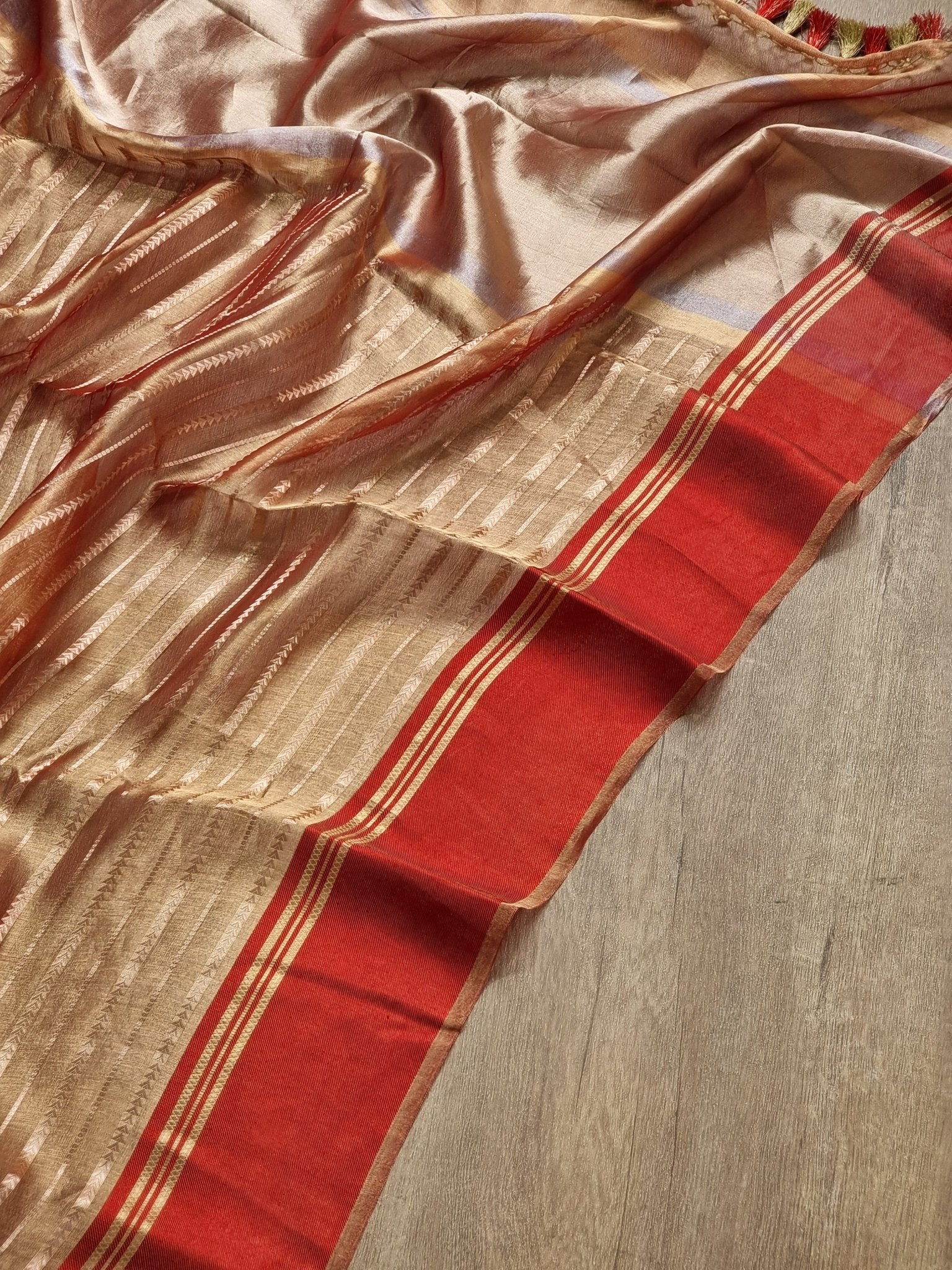 Pure Metallic Tissue Silk stripe saree with Katan silk border and special tassels with blouse sleeves - Resham Wala