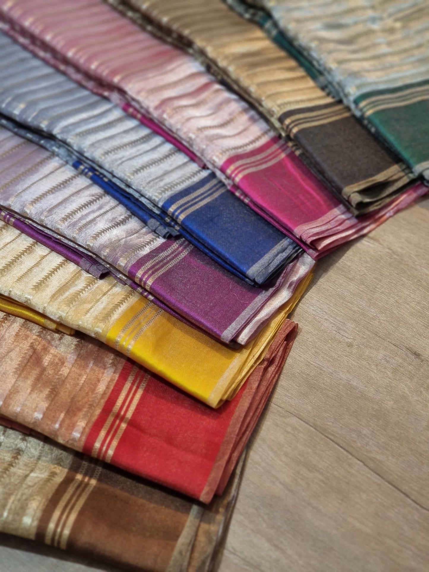 Pure Metallic Tissue Silk stripe saree with Katan silk border and special tassels with blouse sleeves - Resham Wala