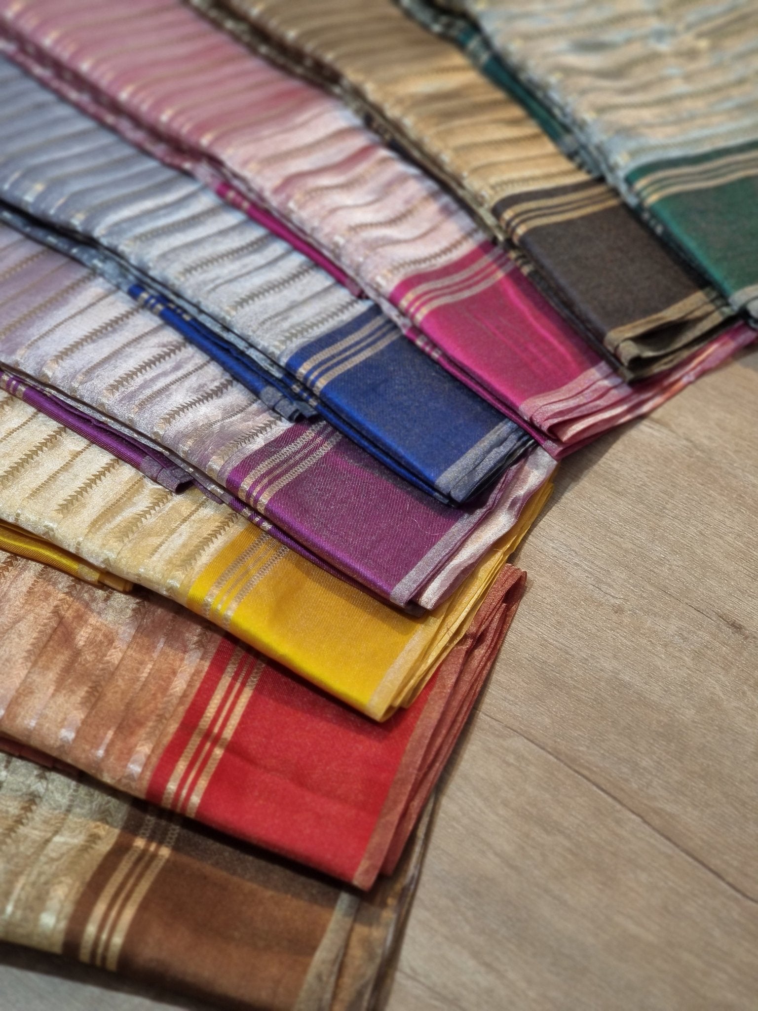 Pure Metallic Tissue Silk stripe saree with Katan silk border and special tassels with blouse sleeves - Resham Wala