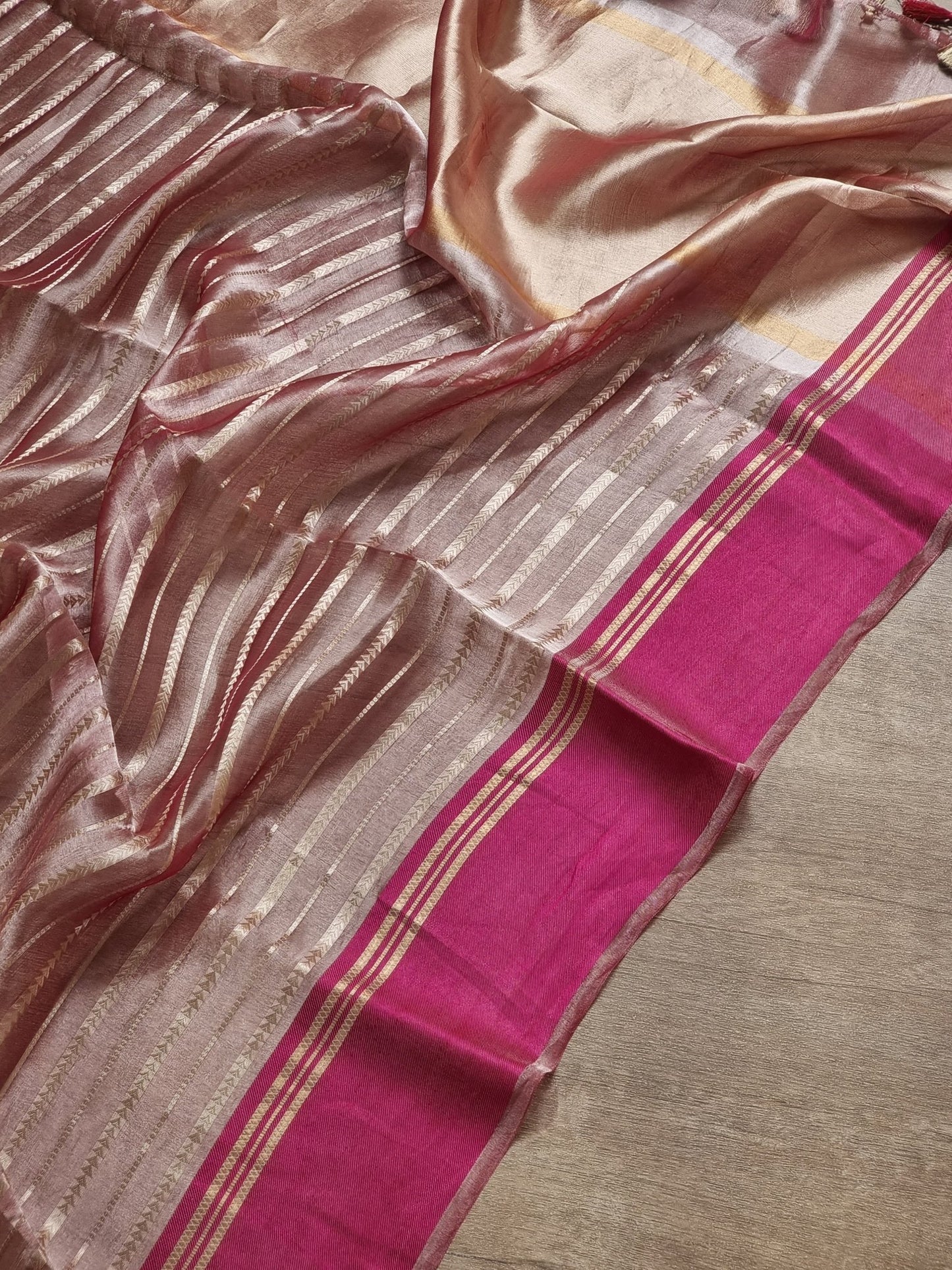 Pure Metallic Tissue Silk stripe saree with Katan silk border and special tassels with blouse sleeves - Resham Wala