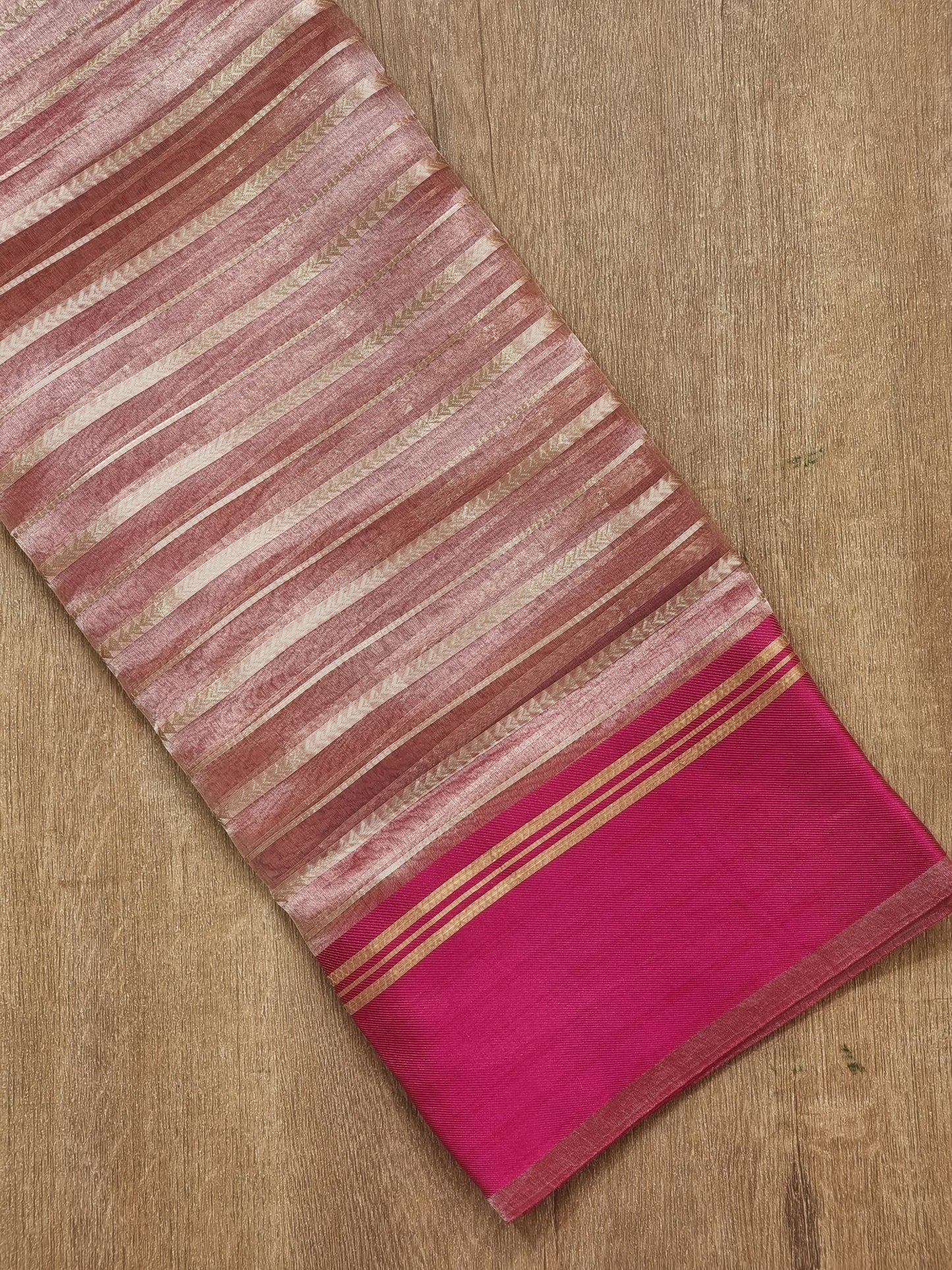 Pure Metallic Tissue Silk stripe saree with Katan silk border and special tassels with blouse sleeves - Resham Wala
