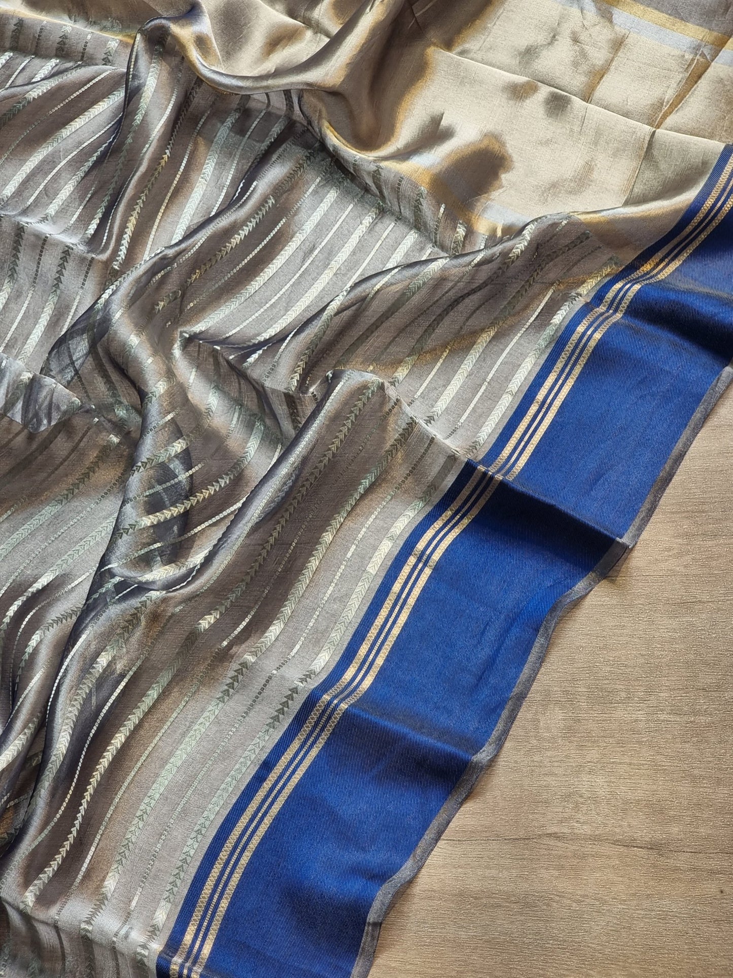 Pure Metallic Tissue Silk stripe saree with Katan silk border and special tassels with blouse sleeves - Resham Wala