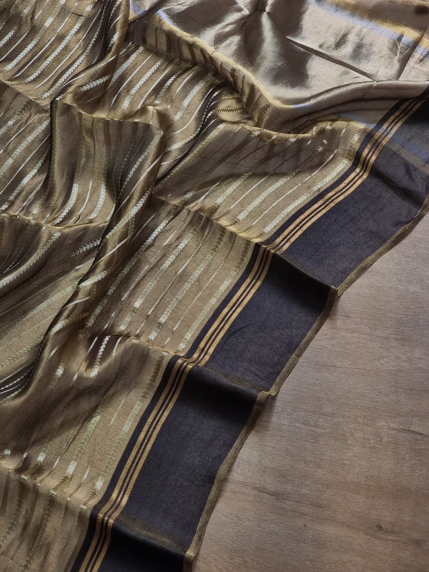 Pure Metallic Tissue Silk stripe saree with Katan silk border and special tassels with blouse sleeves - Resham Wala