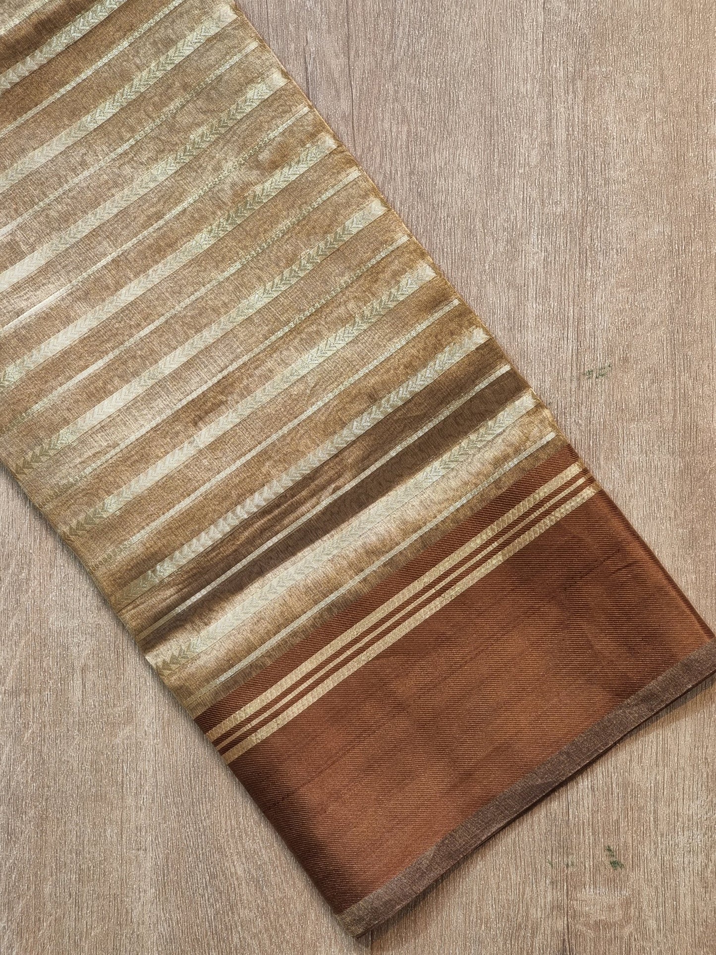 Pure Metallic Tissue Silk stripe saree with Katan silk border and special tassels with blouse sleeves - Resham Wala