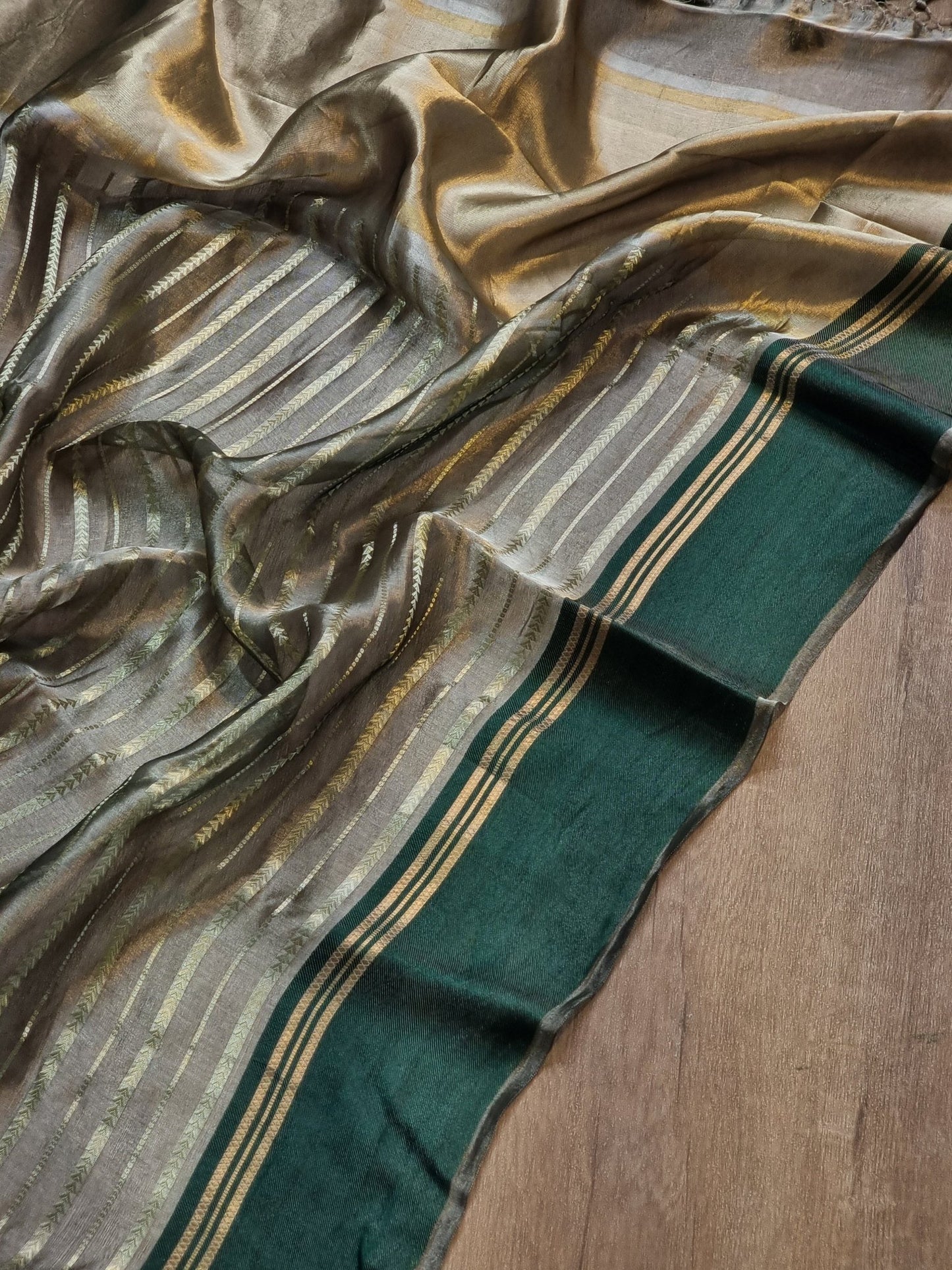 Pure Metallic Tissue Silk stripe saree with Katan silk border and special tassels with blouse sleeves - Resham Wala