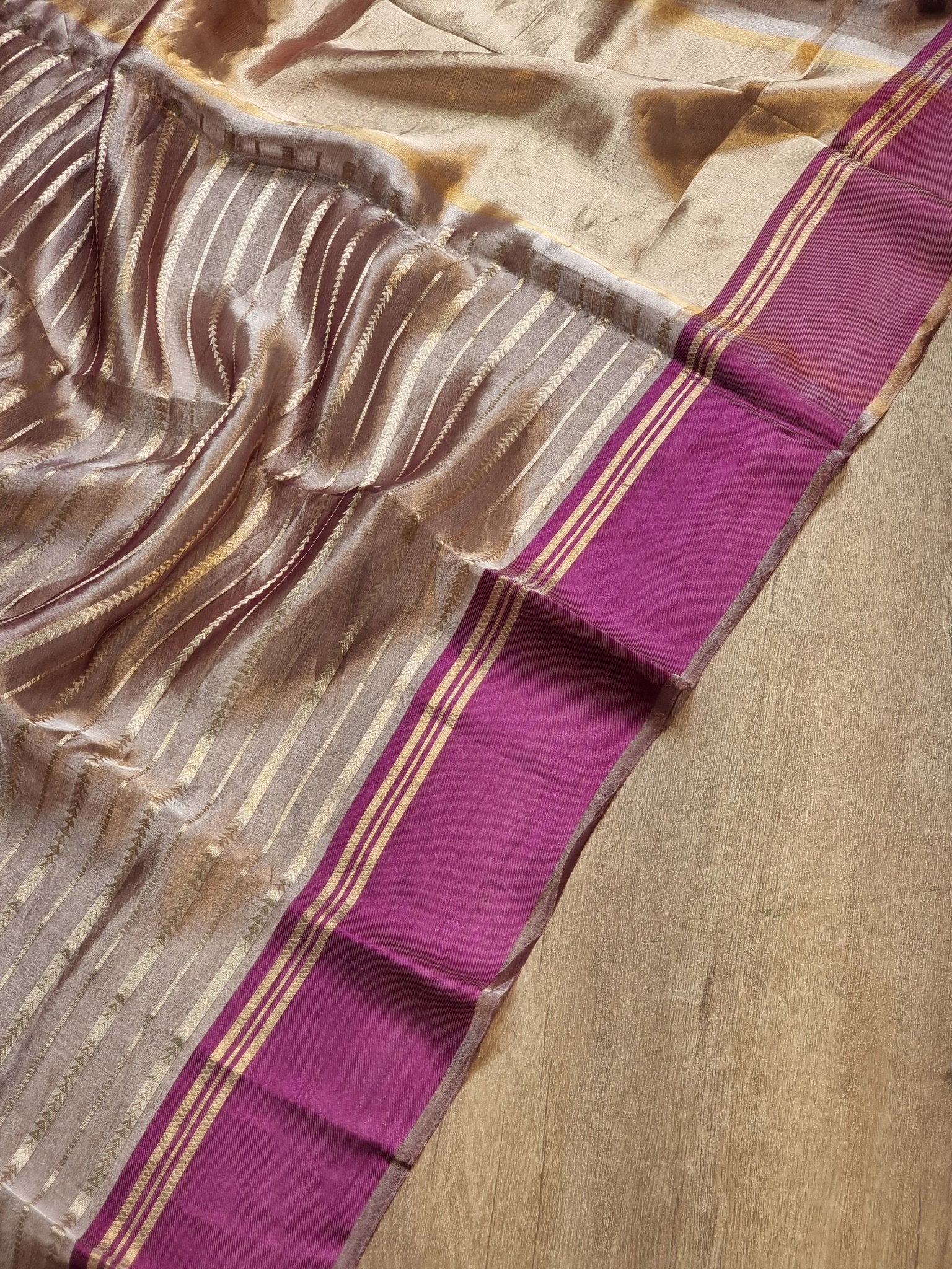 Pure Metallic Tissue Silk stripe saree with Katan silk border and special tassels with blouse sleeves - Resham Wala