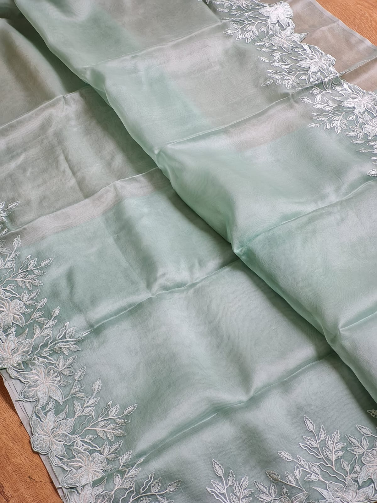 Pure Organza Silk Saree with Alfi Cutwork & Scallop Border – Includes Blouse - Resham Wala
