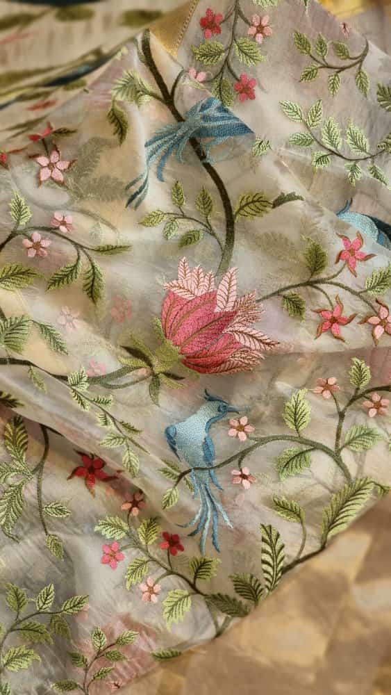 Pure Organza silk Banarasi Border Floral Embroidery Saree with running border blouse - Resham Wala