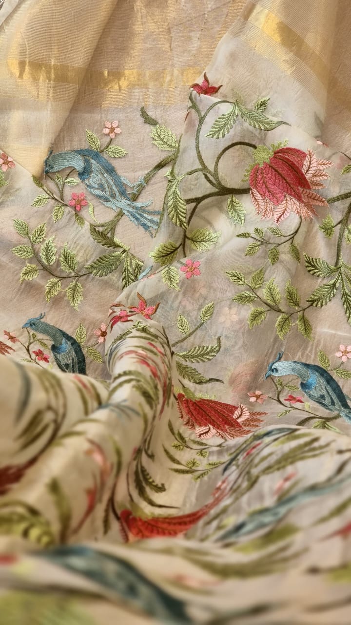 Pure Organza silk Banarasi Border Floral Embroidery Saree with running border blouse - Resham Wala