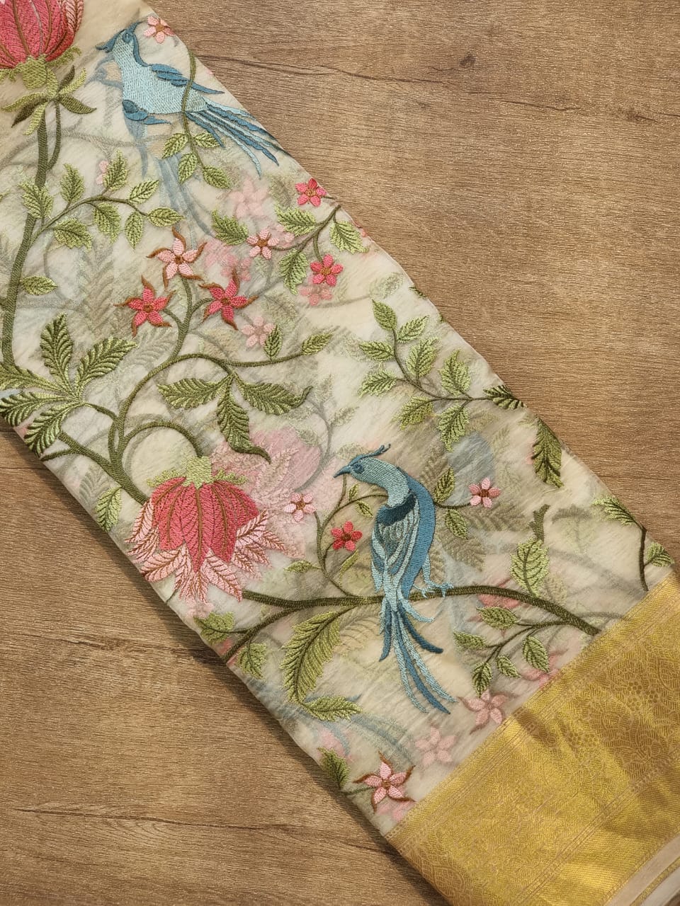 Pure Organza Silk Banarasi Border Floral Embroidery Saree - front full view