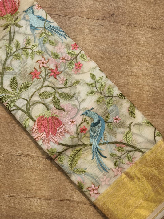 Pure Organza Silk Banarasi Border Floral Embroidery Saree - front full view