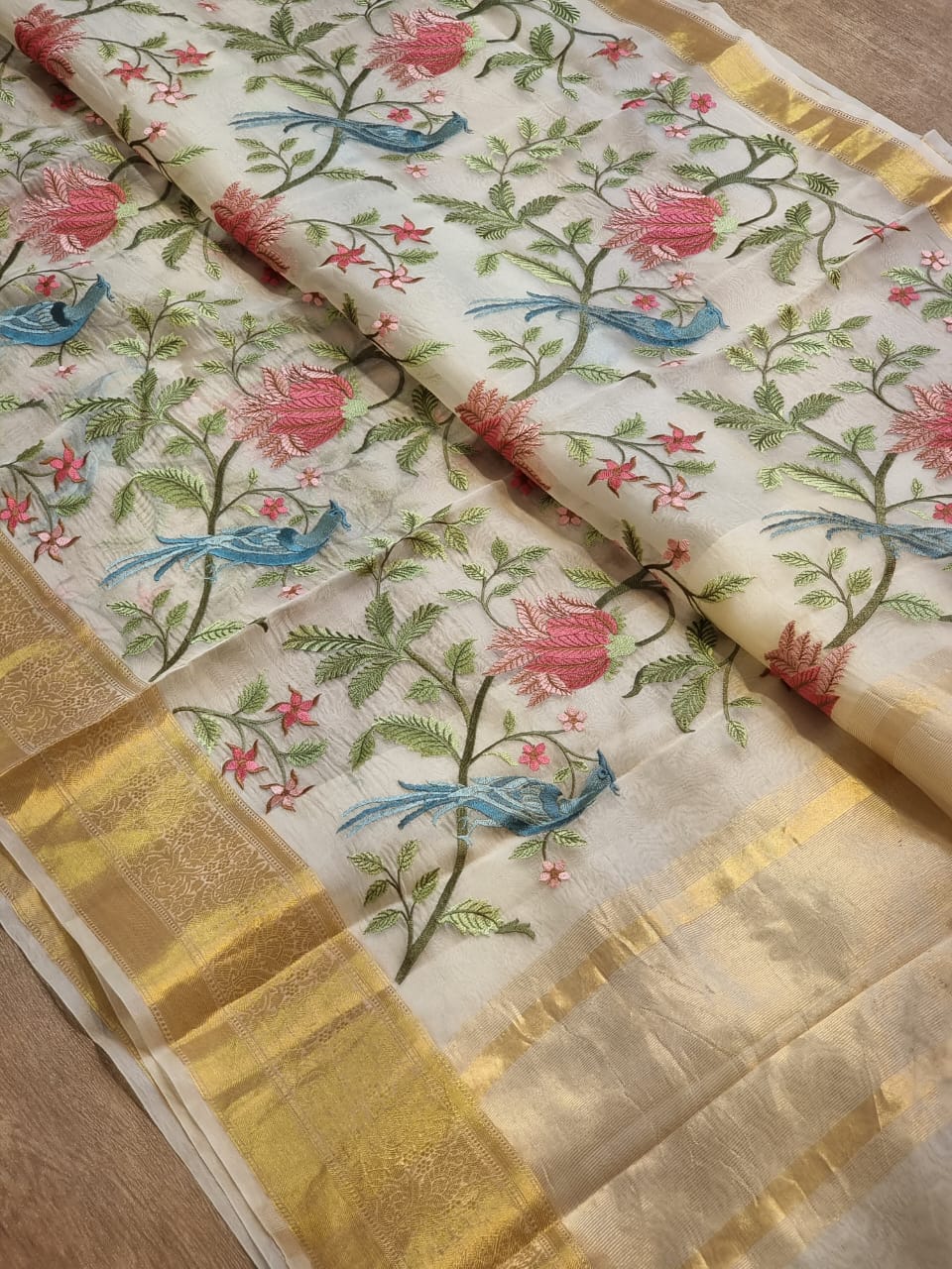 Pure Organza Silk Banarasi Border Floral Embroidery Saree - draped side view