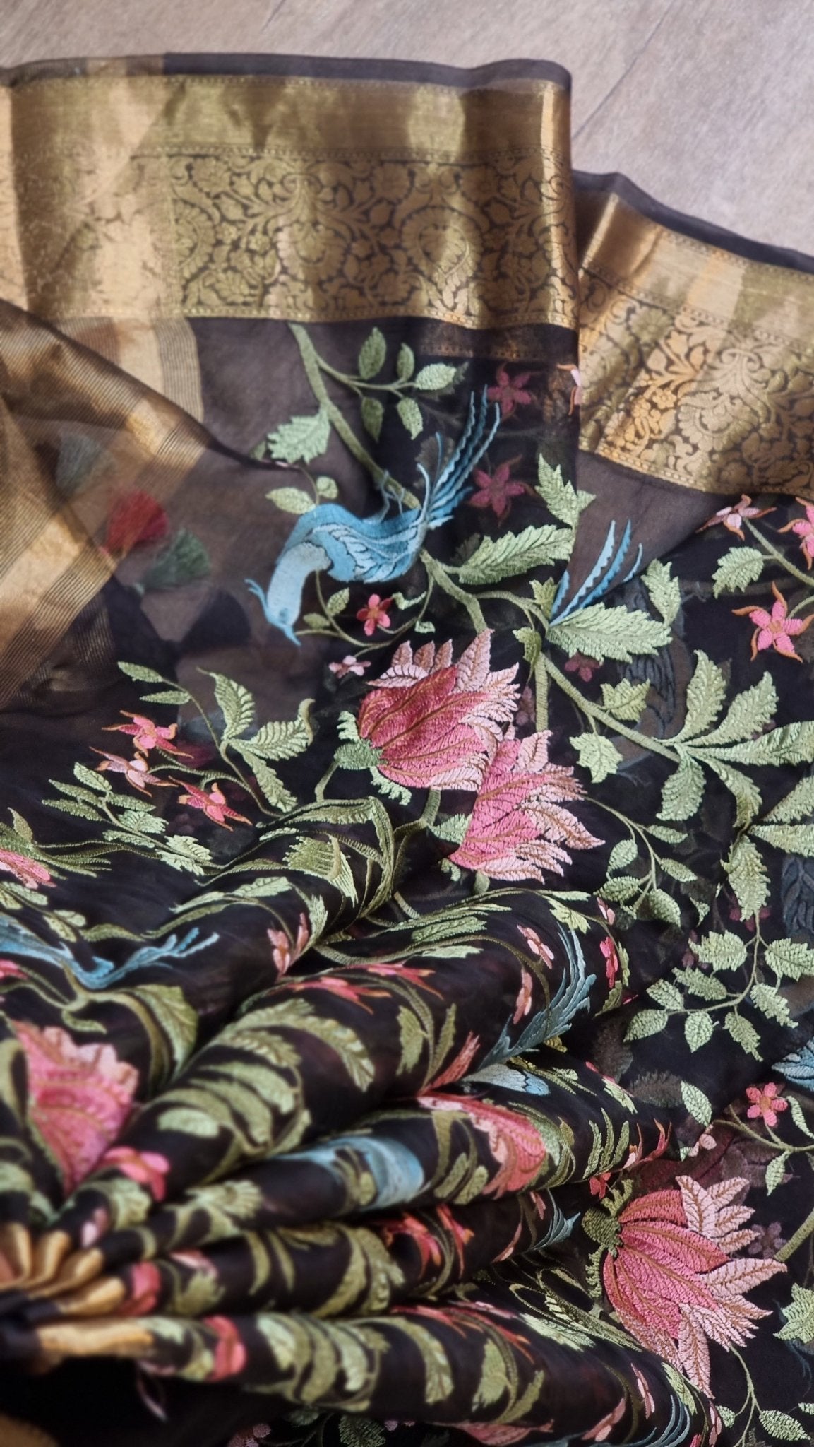 Pure Organza Silk Banarasi Border Floral Embroidery Saree - Blue shade