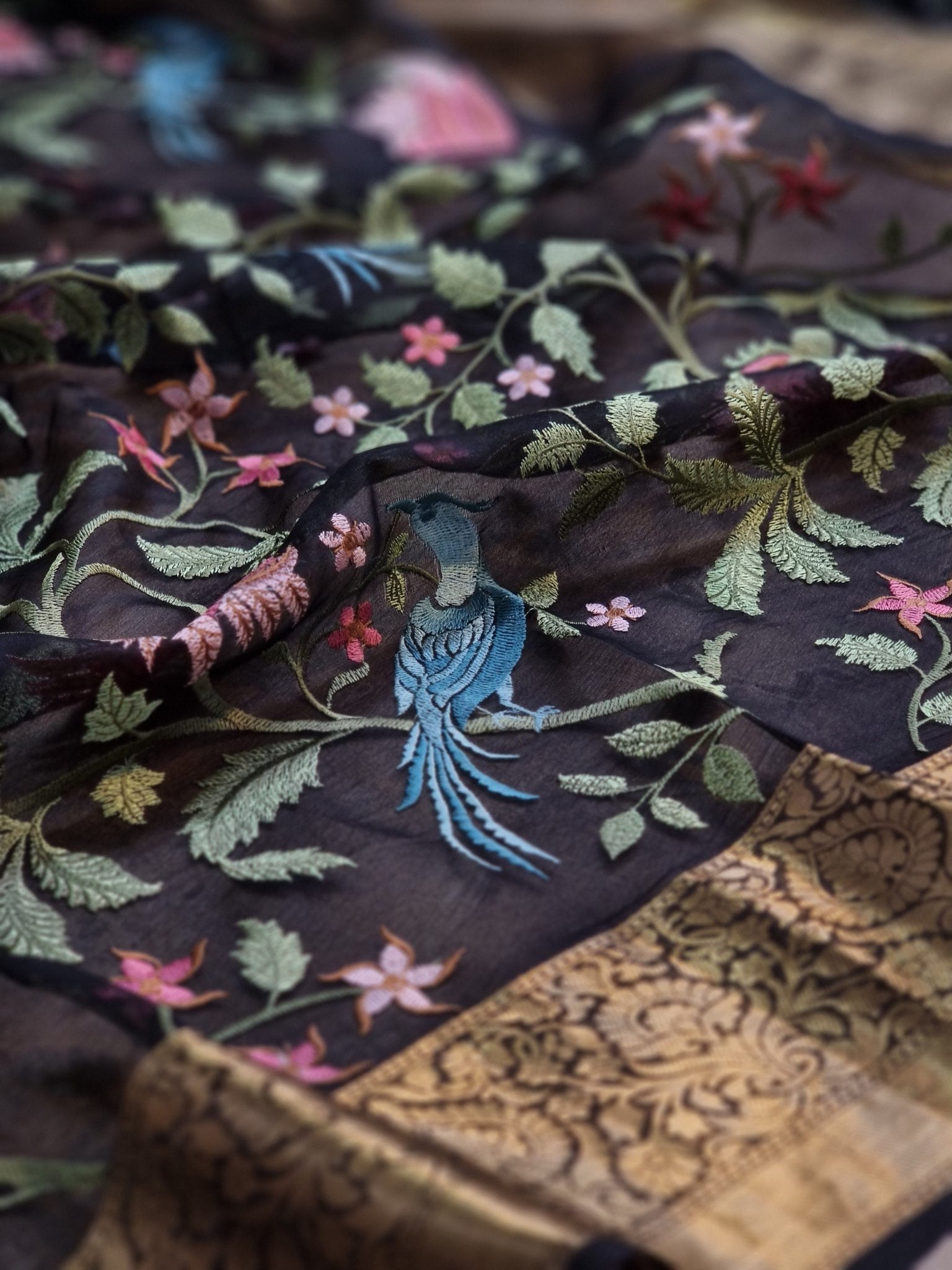 Pure Organza Silk Banarasi Border Floral Embroidery Saree - Rani shade