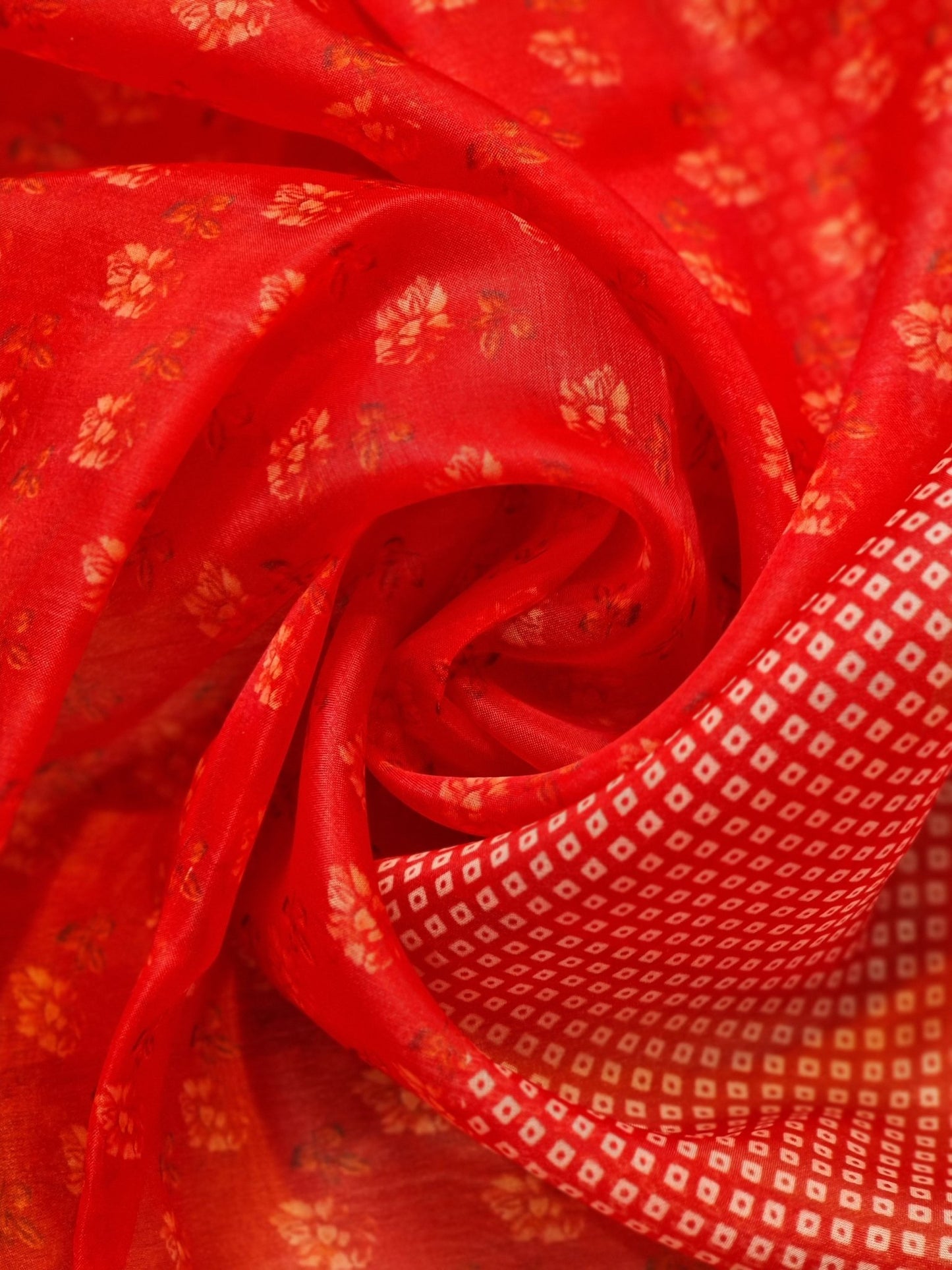 Pure Organza Silk Bandhej Printed Saree with Multi floret Embroidery Scallop Border and Floral printed Blouse - Resham Wala