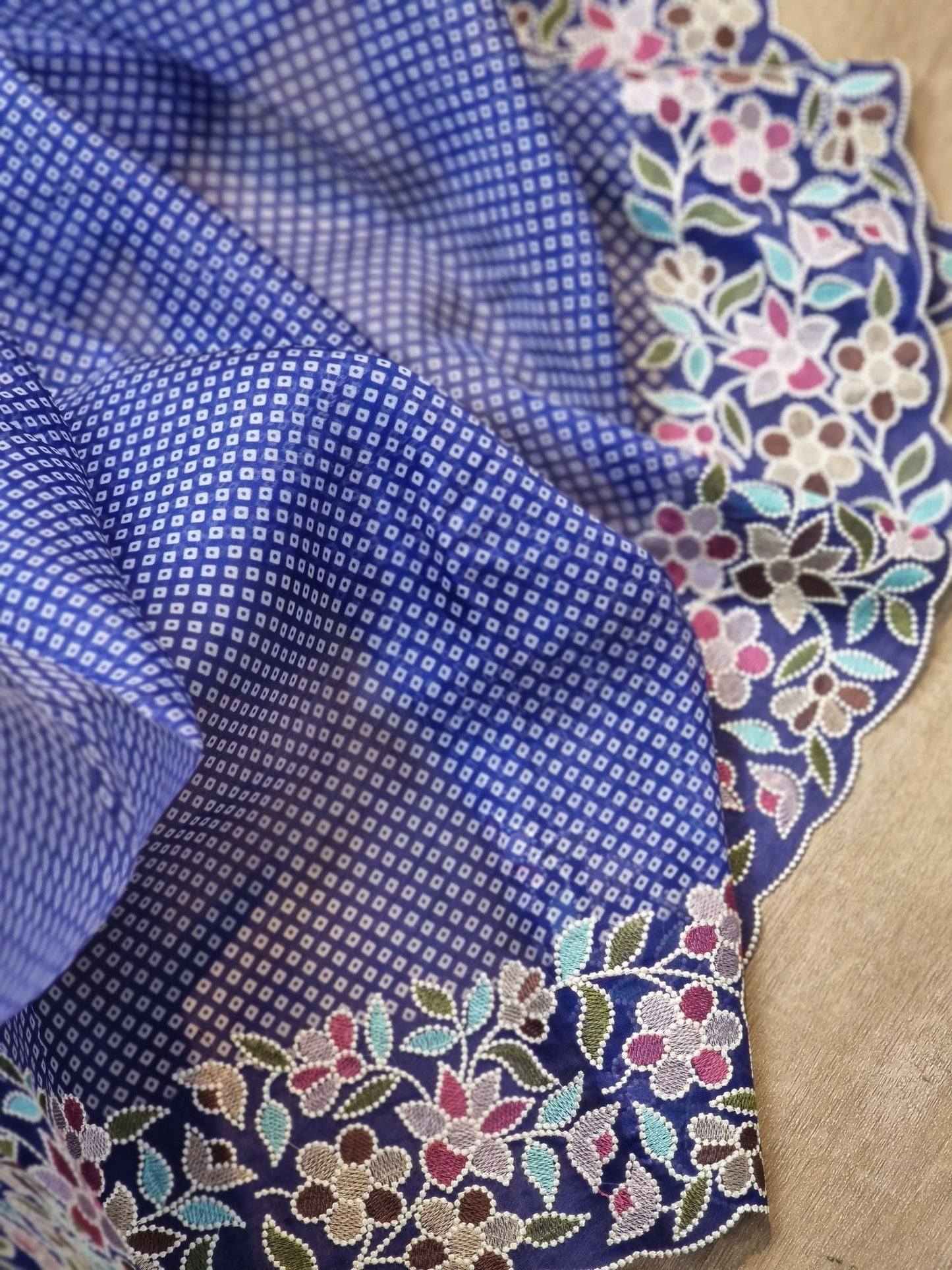 Pure Organza Silk Bandhej Printed Saree with Multi floret Embroidery Scallop Border and Floral printed Blouse - Resham Wala