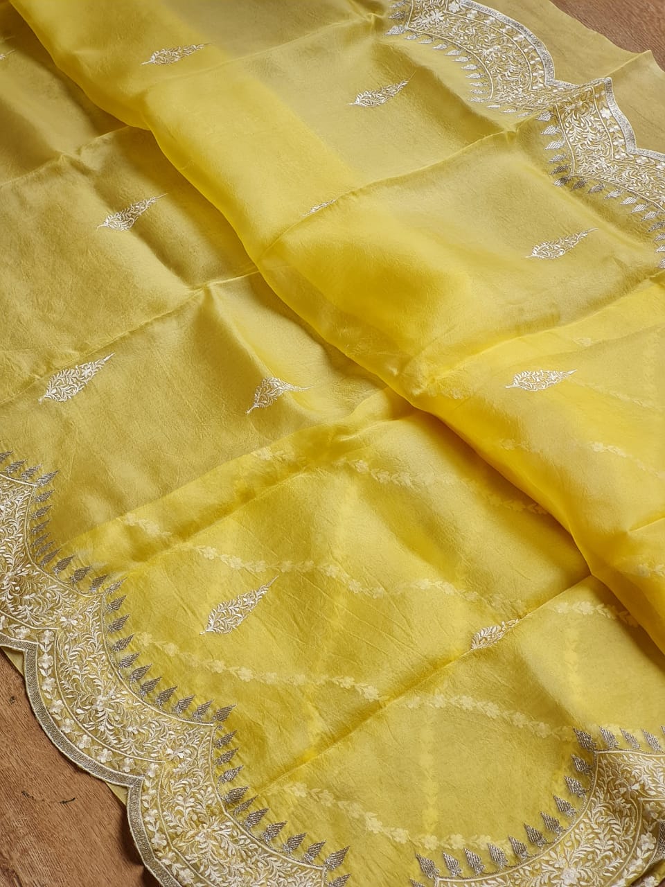 Pure Organza Silk Cutwork Buti Scallop Saree - Powder Blue shade