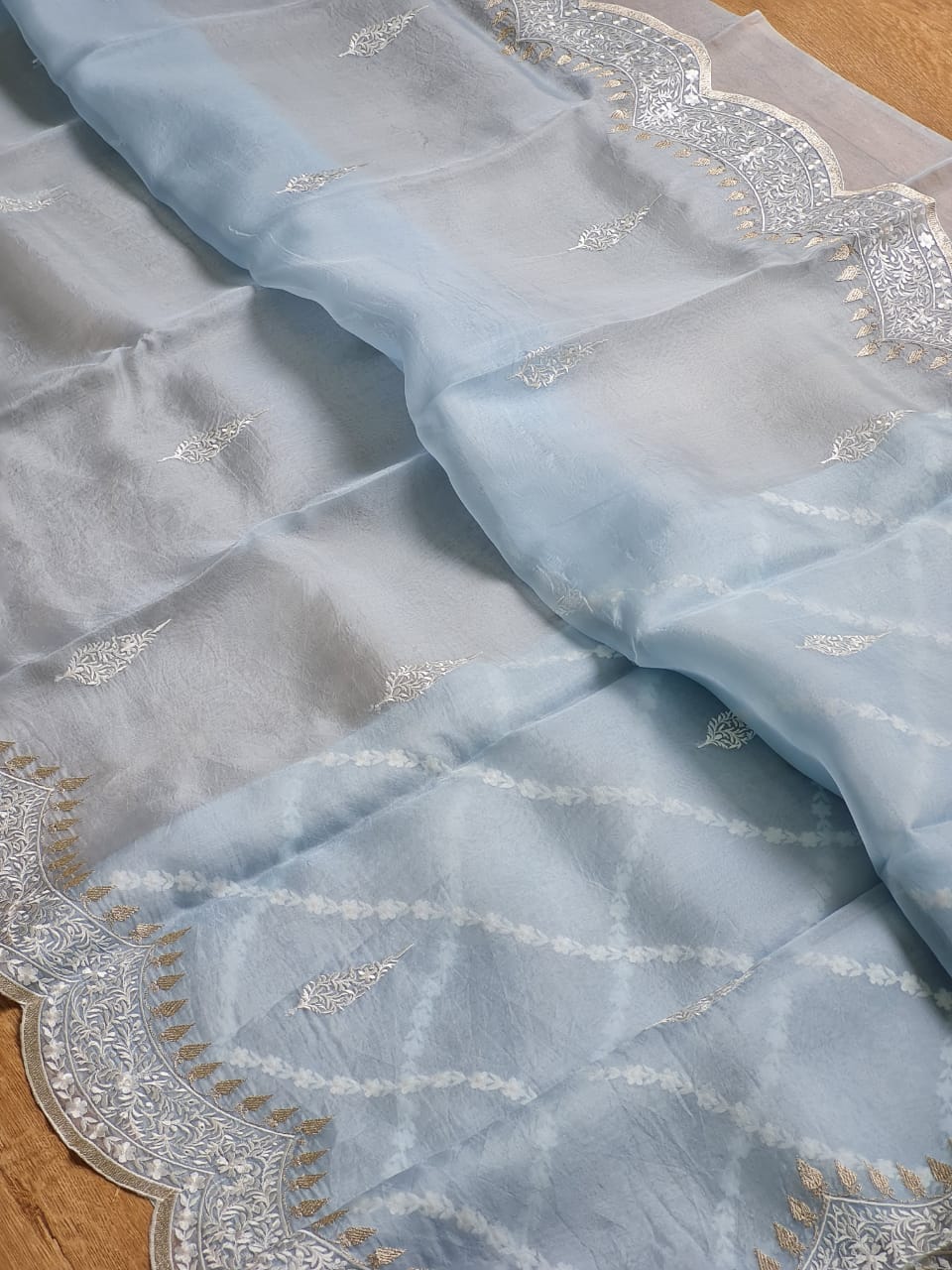 Pure Organza Silk Cutwork Buti Scallop Saree - draped side view