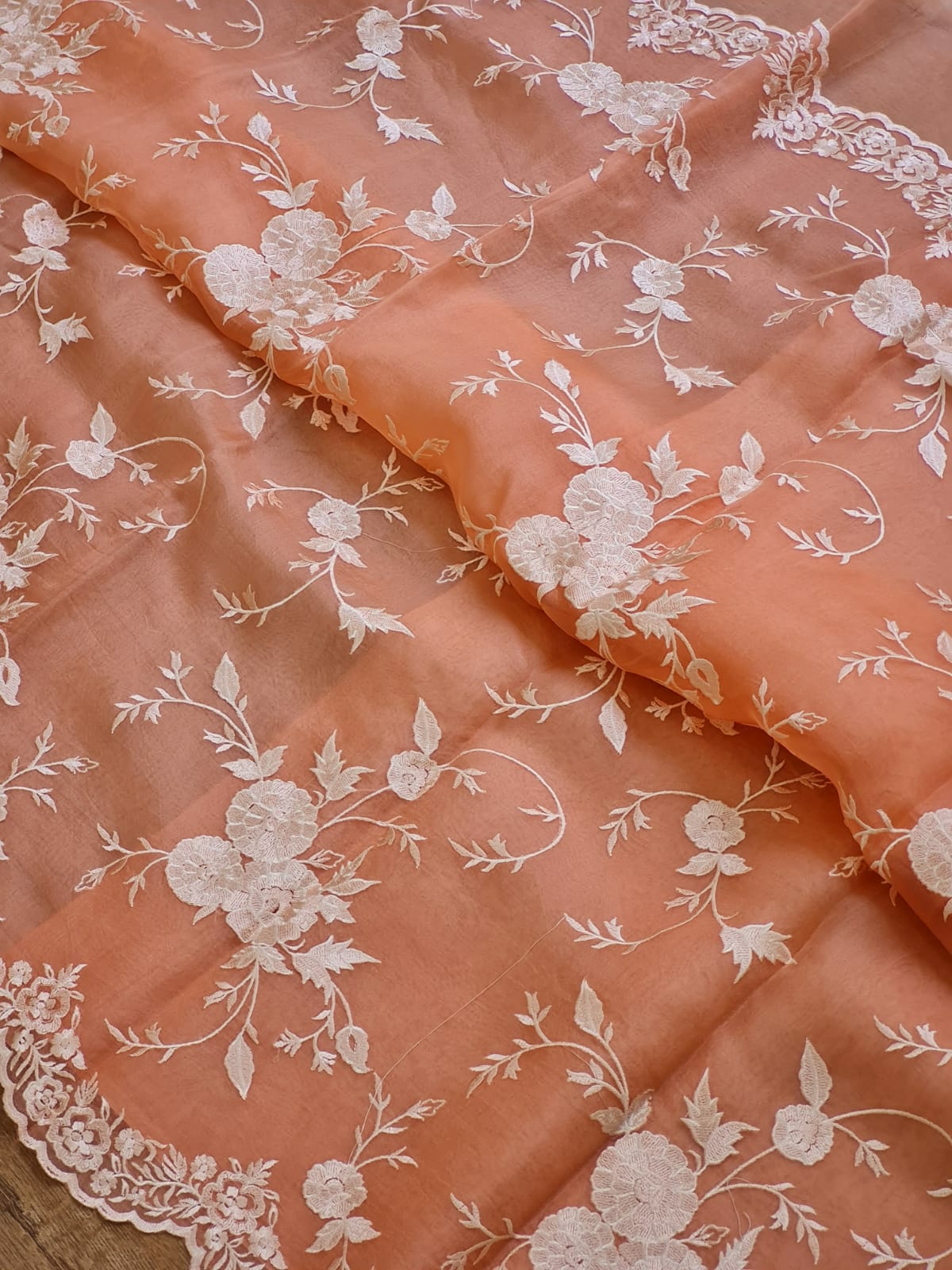 Pure Organza Silk Cutwork Jaal Embroidery Saree - Peach shade