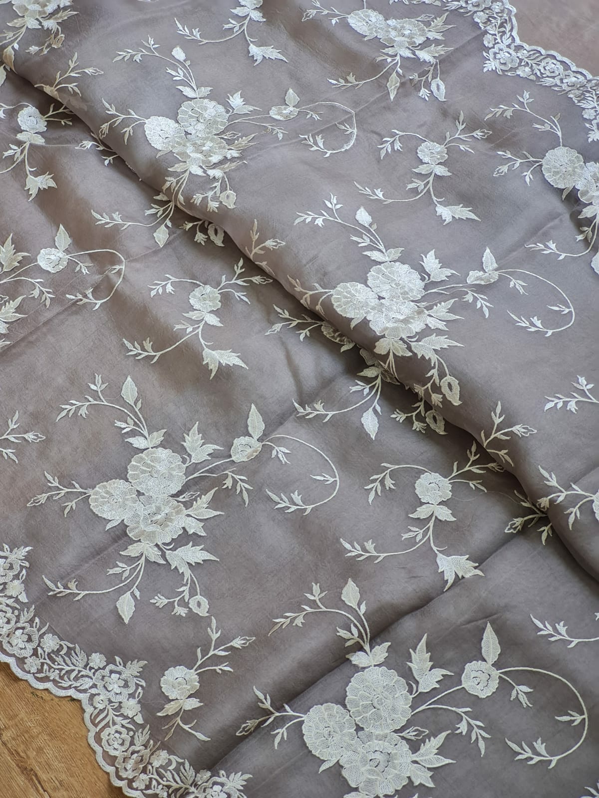 Pure Organza Silk Cutwork Jaal Embroidery Saree - Brown shade