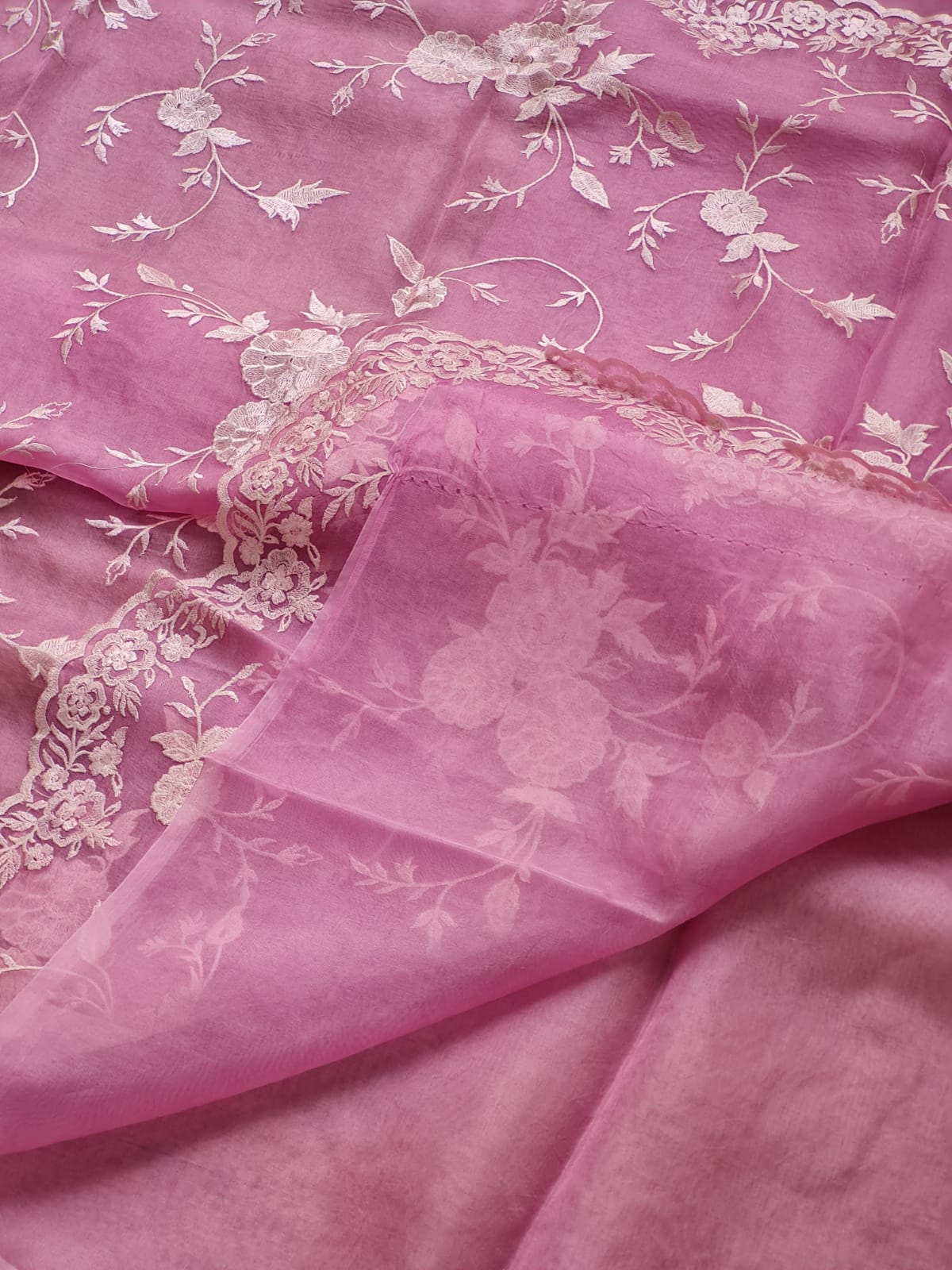 Pure Organza Silk Cutwork Jaal Embroidery Saree - Nude Pink shade
