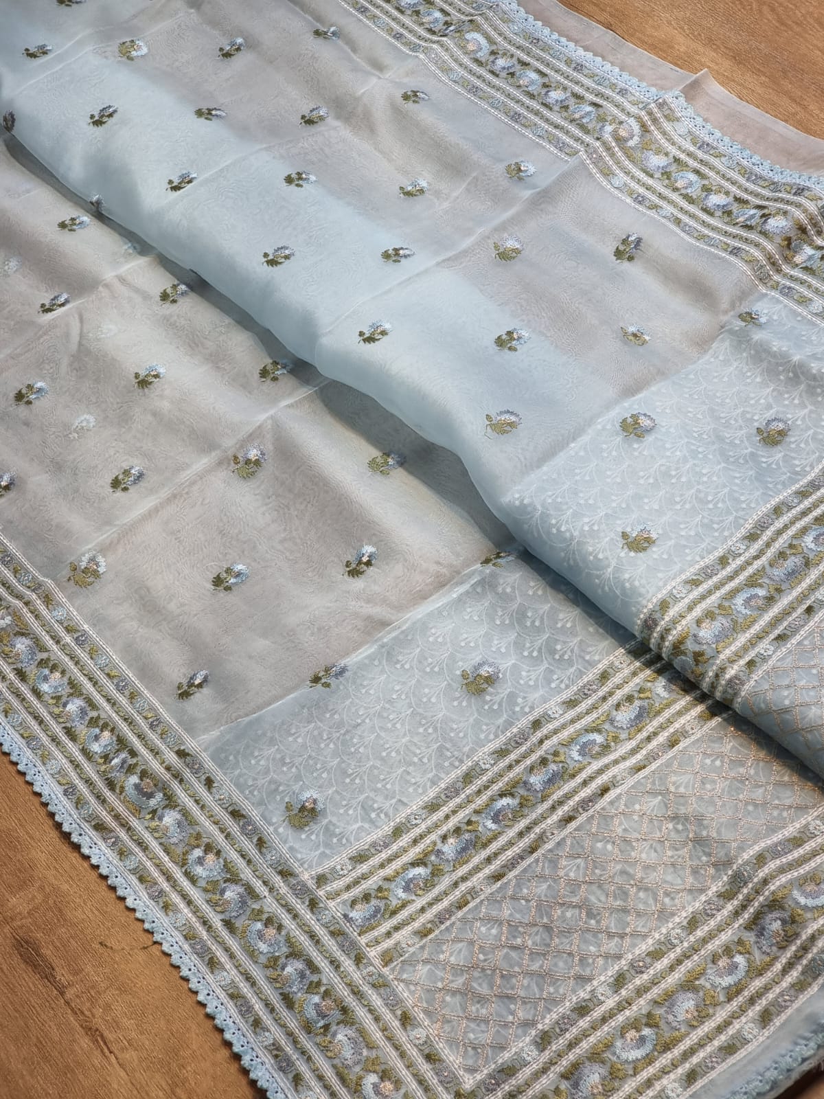 Pure Organza Silk Embroidered Border Buti Saree - back pallu drape view