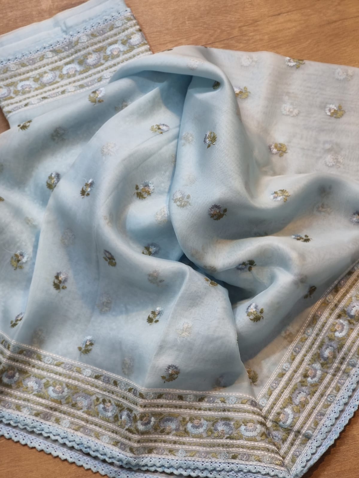 Pure Organza Silk Embroidered Border Buti Saree - model wearing saree with jewellery