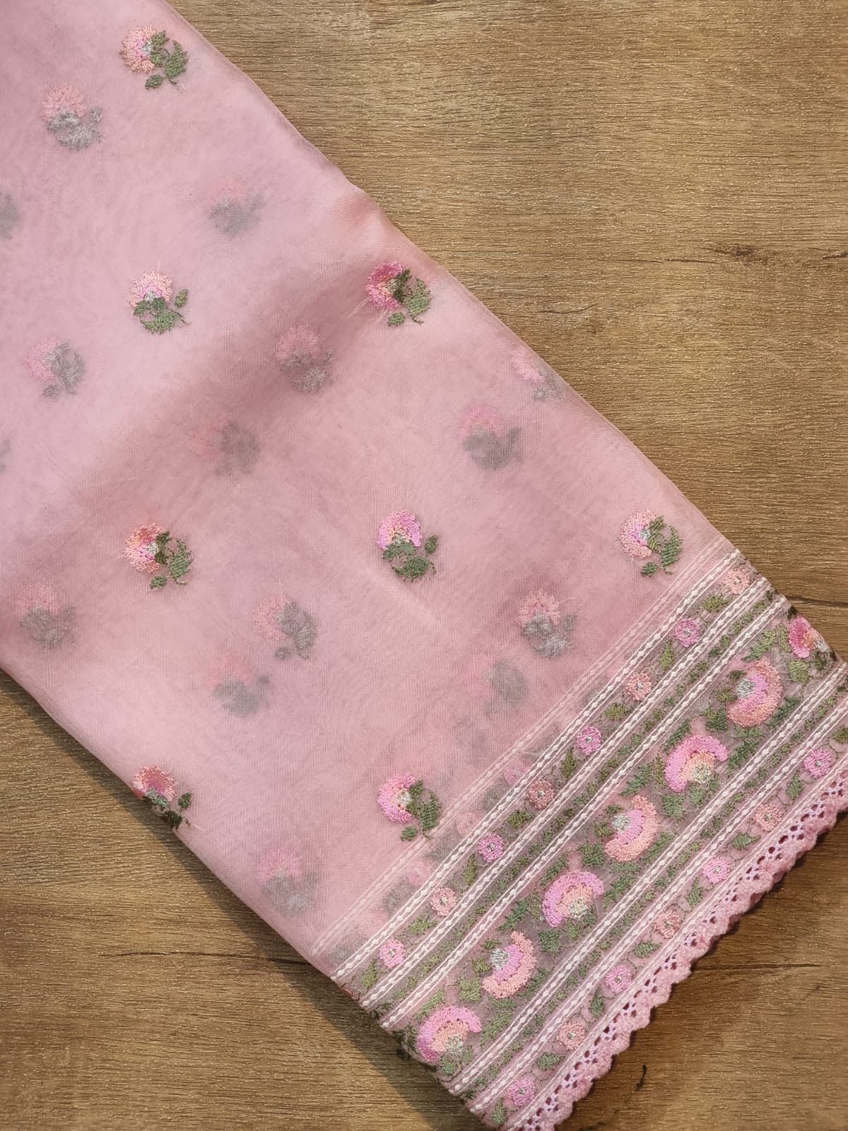 Pure Organza Silk Embroidered Border Buti Saree - velvet lace trim close-up