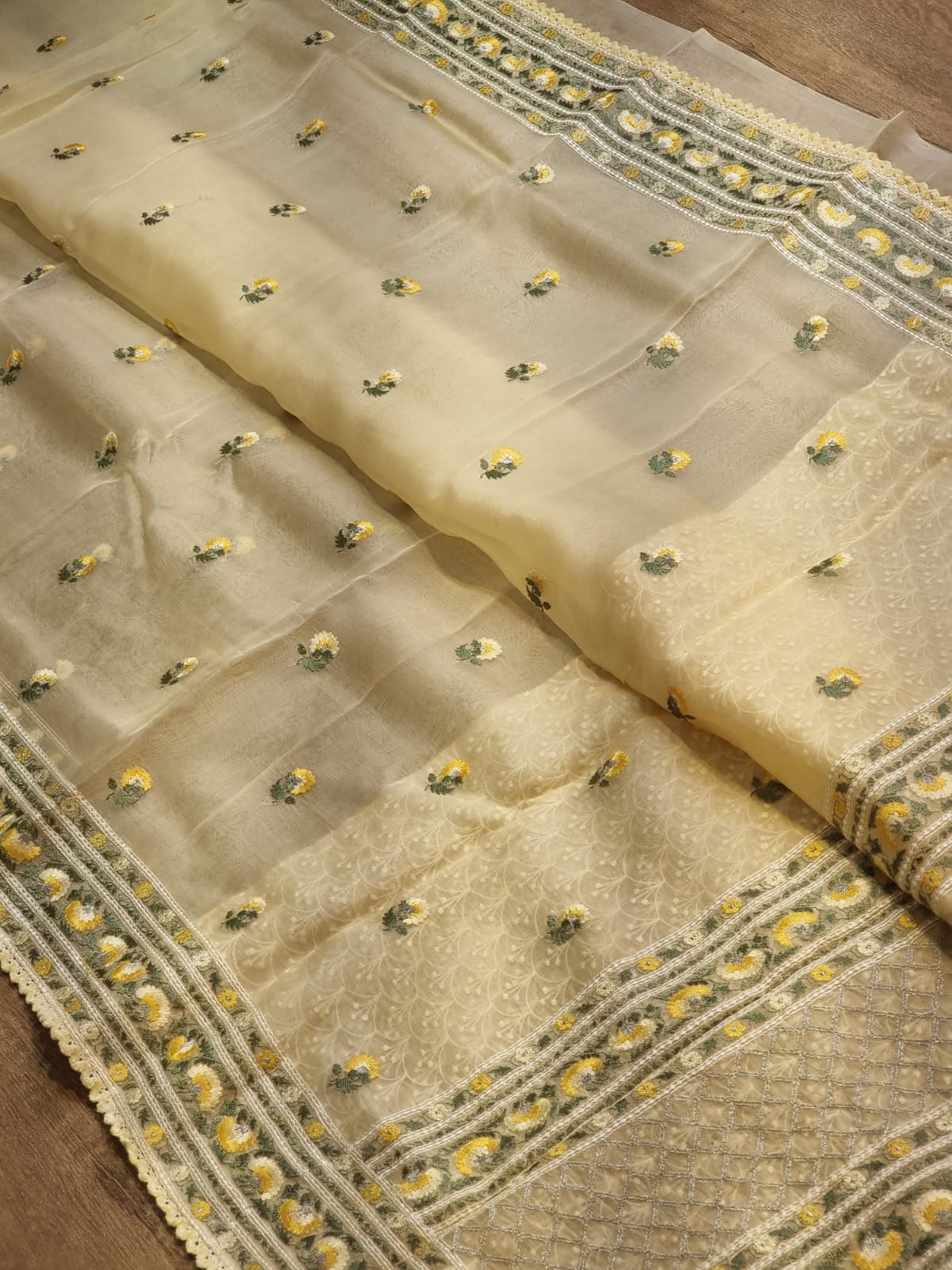 Pure Organza Silk Embroidered Border Buti Saree - blouse back detail