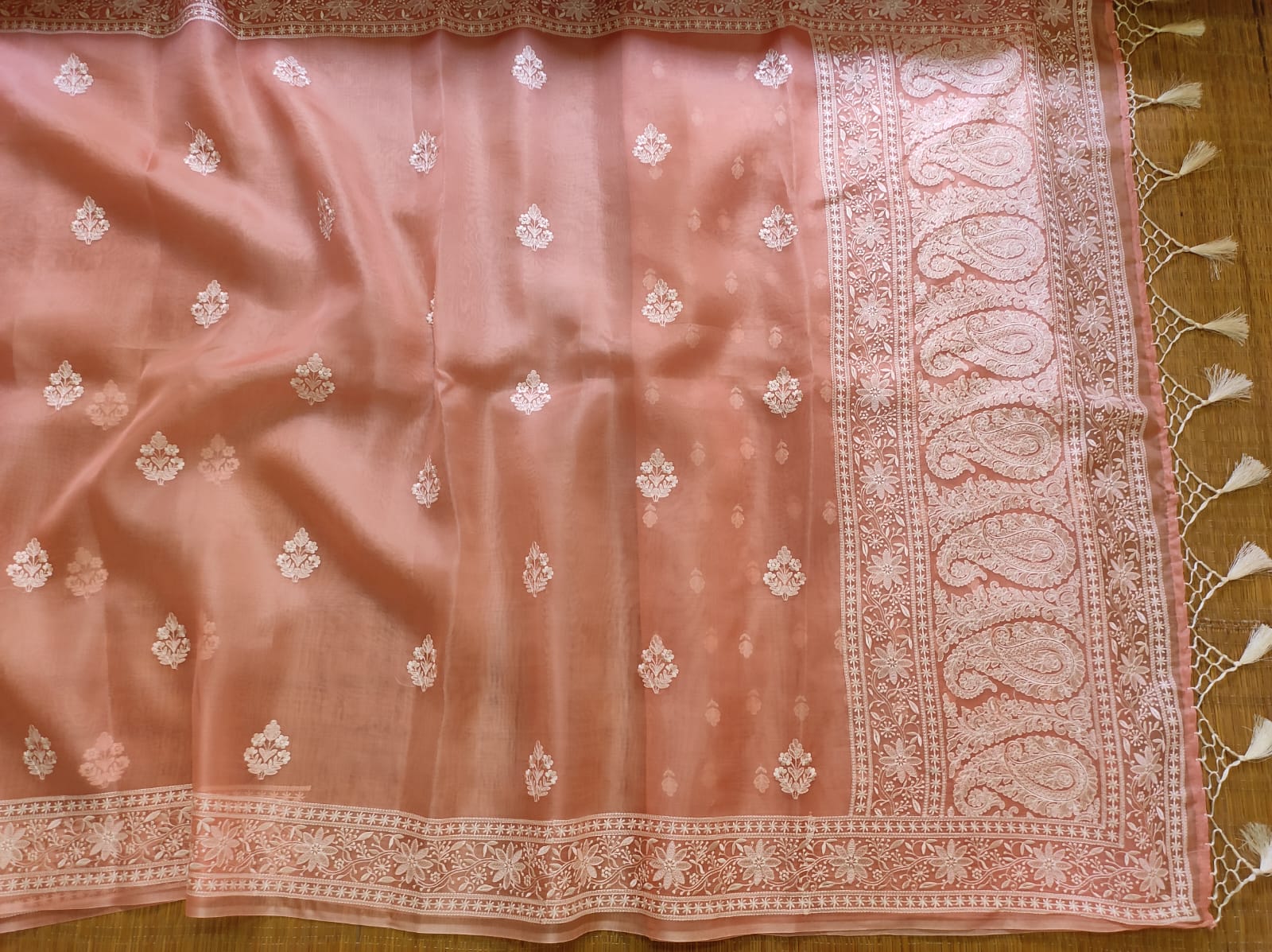 Pure Organza Silk Buta Border Saree - draped side view