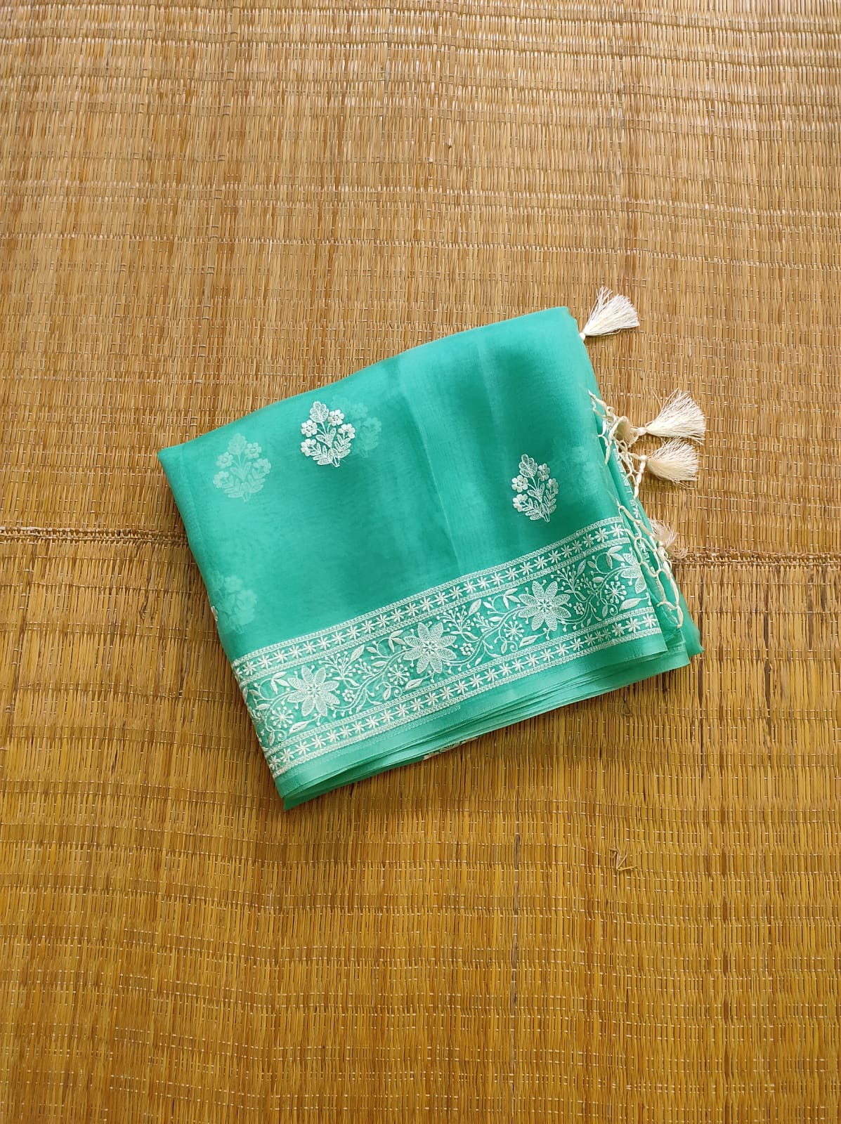 Pure Organza Silk Buta Border Saree - Blue shade
