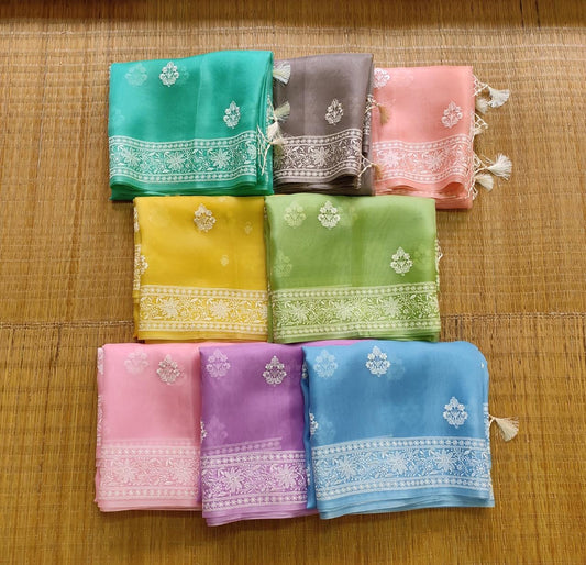 Pure Organza Silk Buta Border Saree - embroidered border close-up