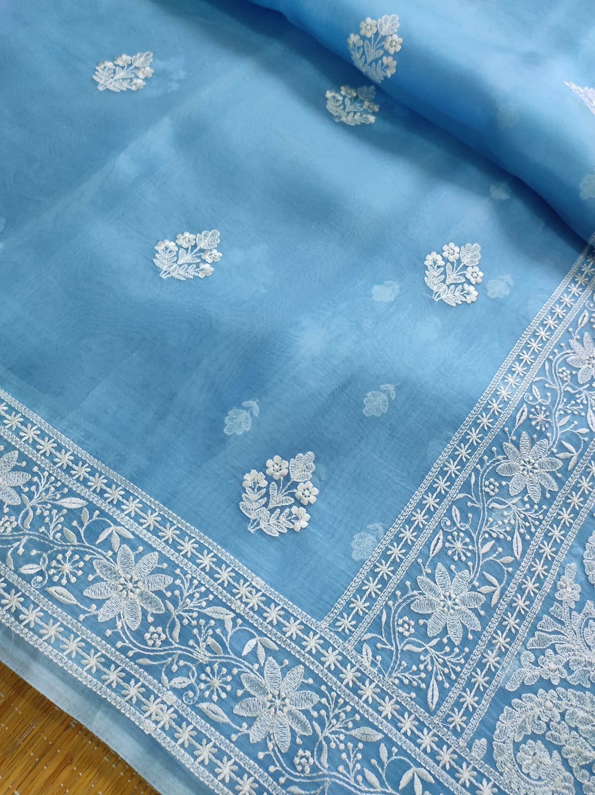 Pure Organza Silk Buta Border Saree - waist drape view