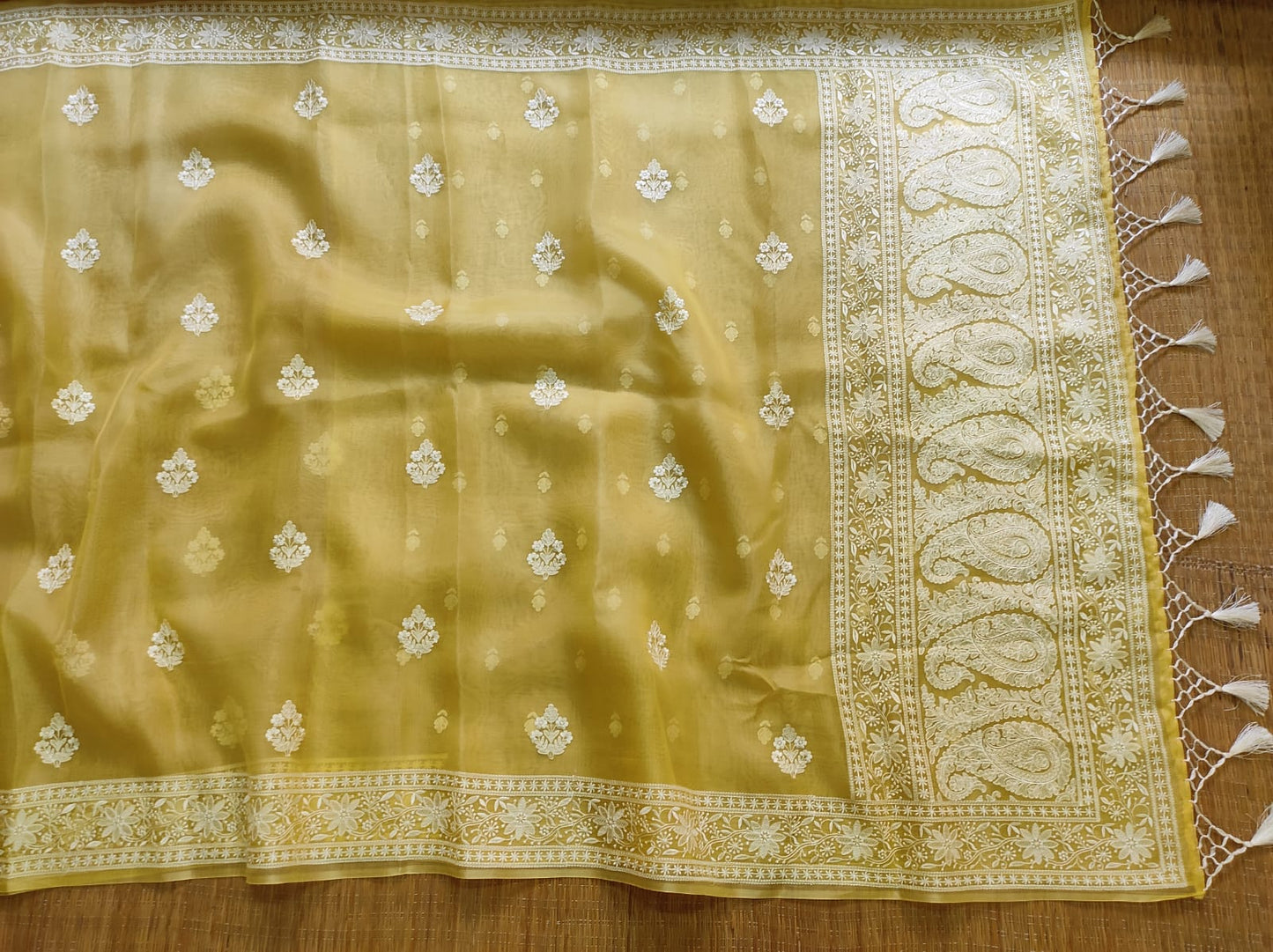 Pure Organza Silk Buta Border Saree - Seagreen shade