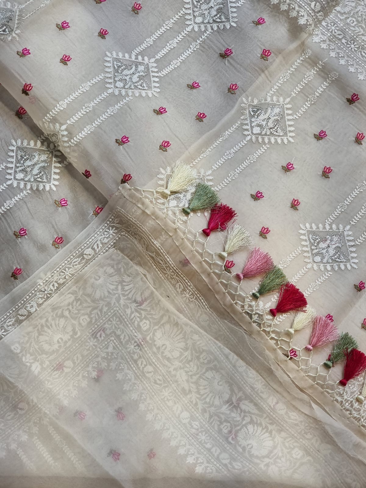 Pure Organza Silk Figure Latar Motif Saree - draped side view