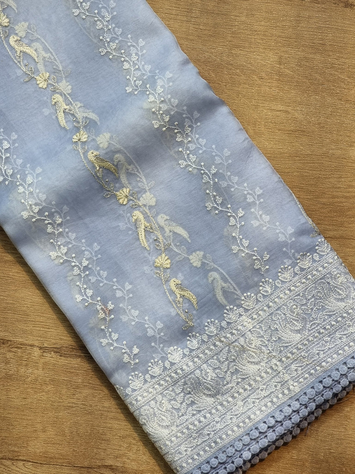 Pure Organza Silk Figure Latar Embroidery Saree - Bluish Grey shade