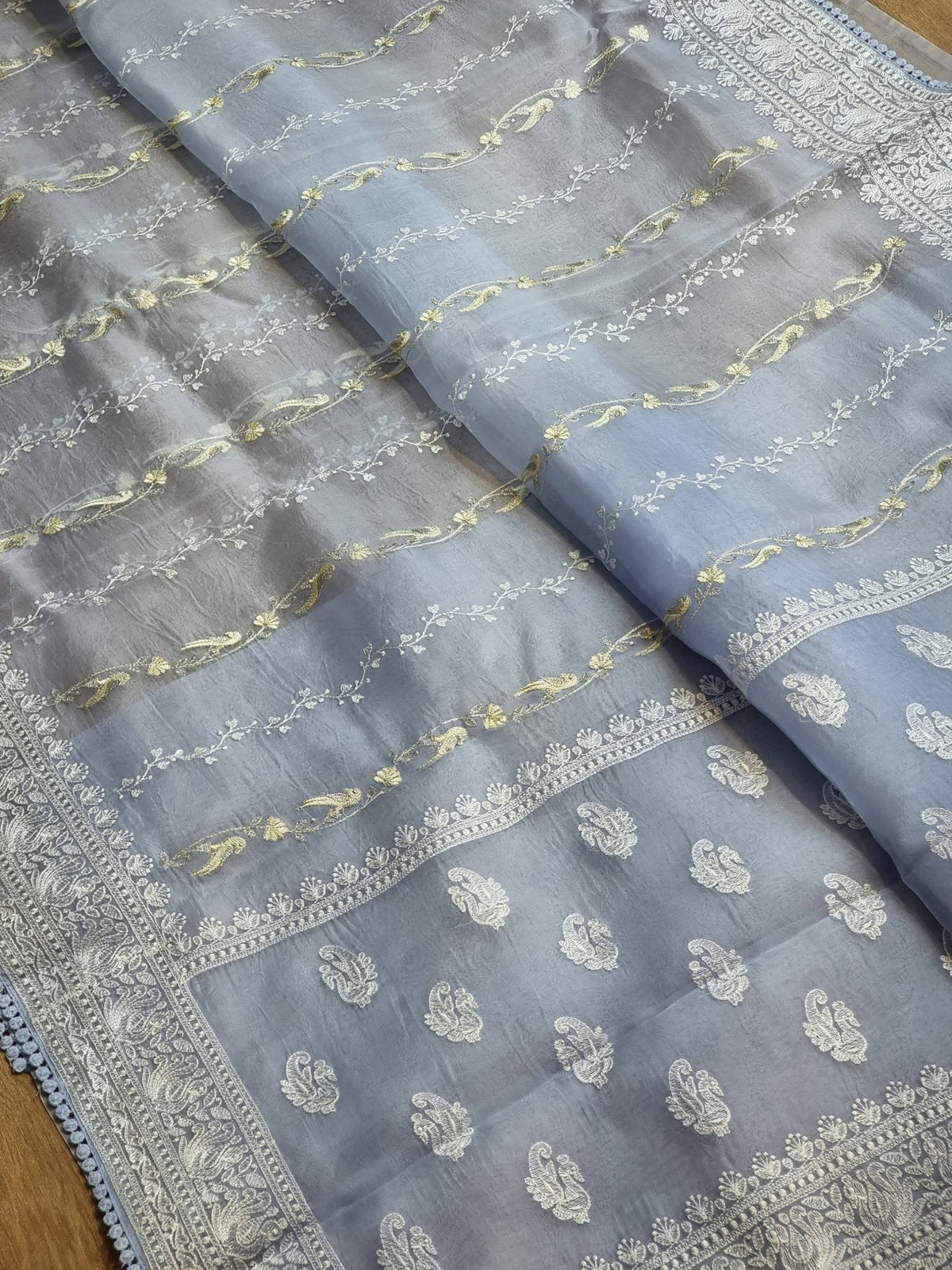 Pure Organza Silk Figure Latar Embroidery Saree - Pista shade