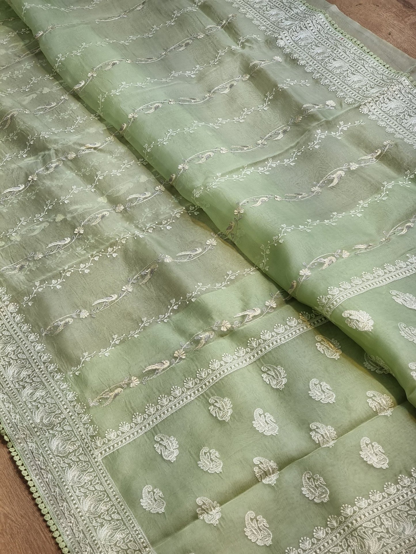 Pure Organza Silk Embroidery Figure Latar Saree with Crochet Lace and blouse - Resham Wala