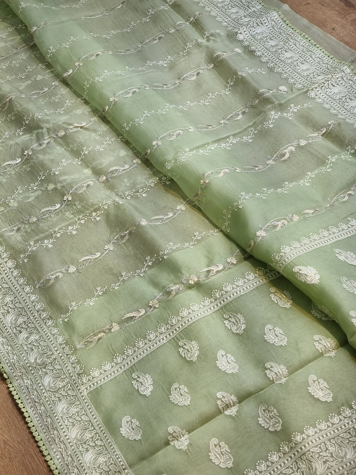 Pure Organza Silk Figure Latar Embroidery Saree - draped side view