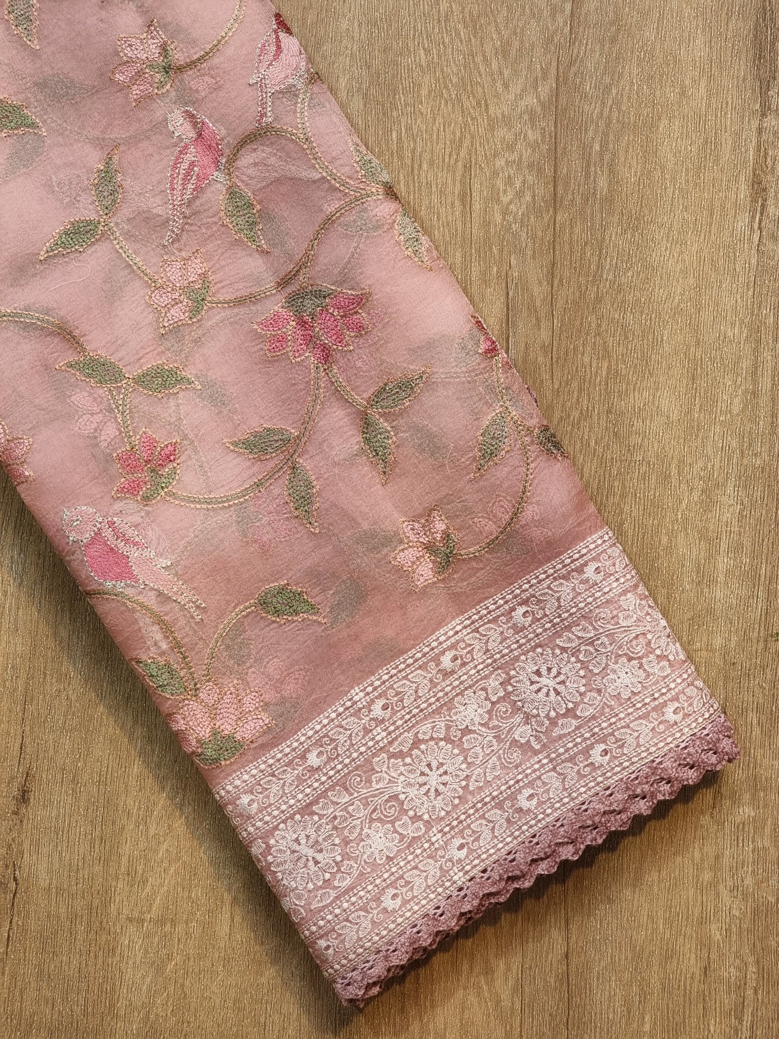Pure Organza Silk Katha Chikankari Saree - velvet lace border close-up