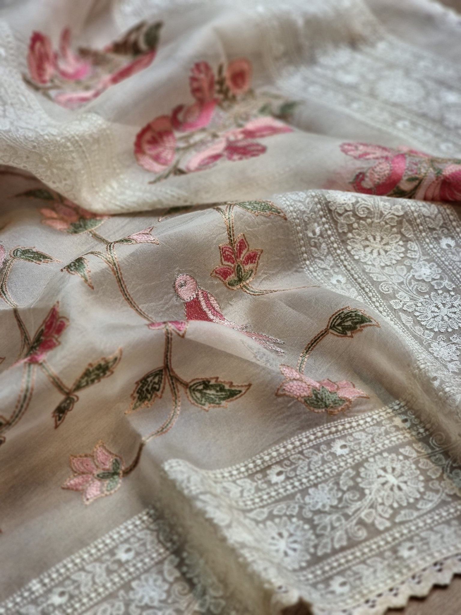 Pure Organza Silk Katha Embroider Saree with Velvet Lace - Resham Wala